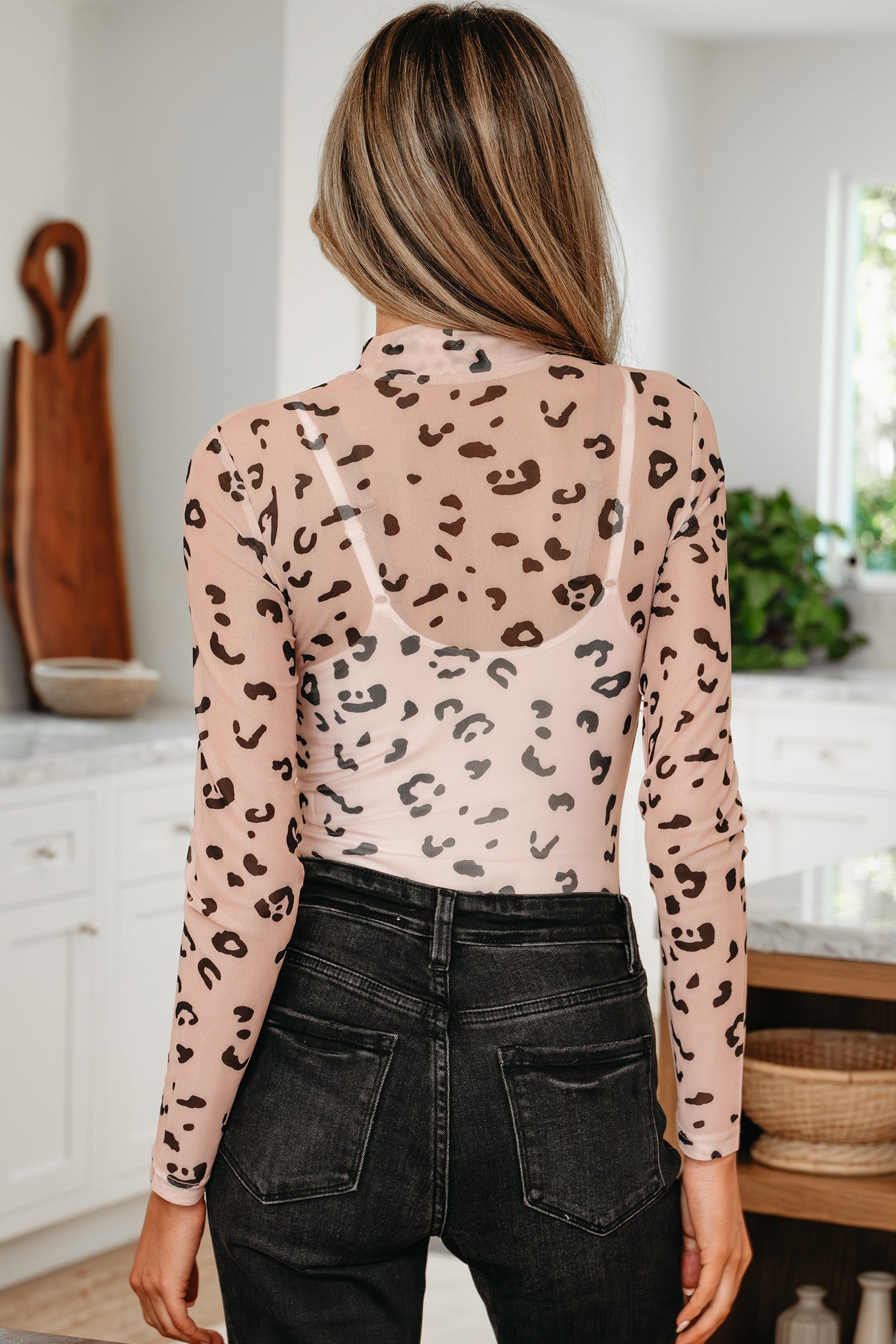 Mesh Mock-Neck Sheer Leopard Long-Sleeved Bodysuit