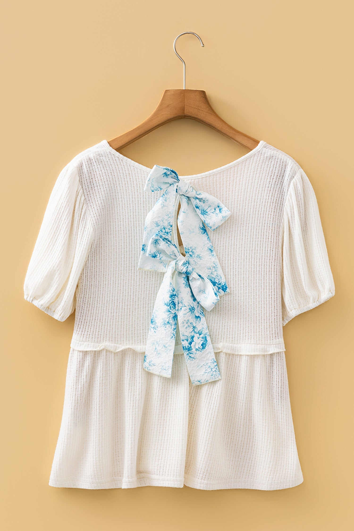 Knit V-Neck Textured V-Neck Short Bubble Sleeve Peplum Top