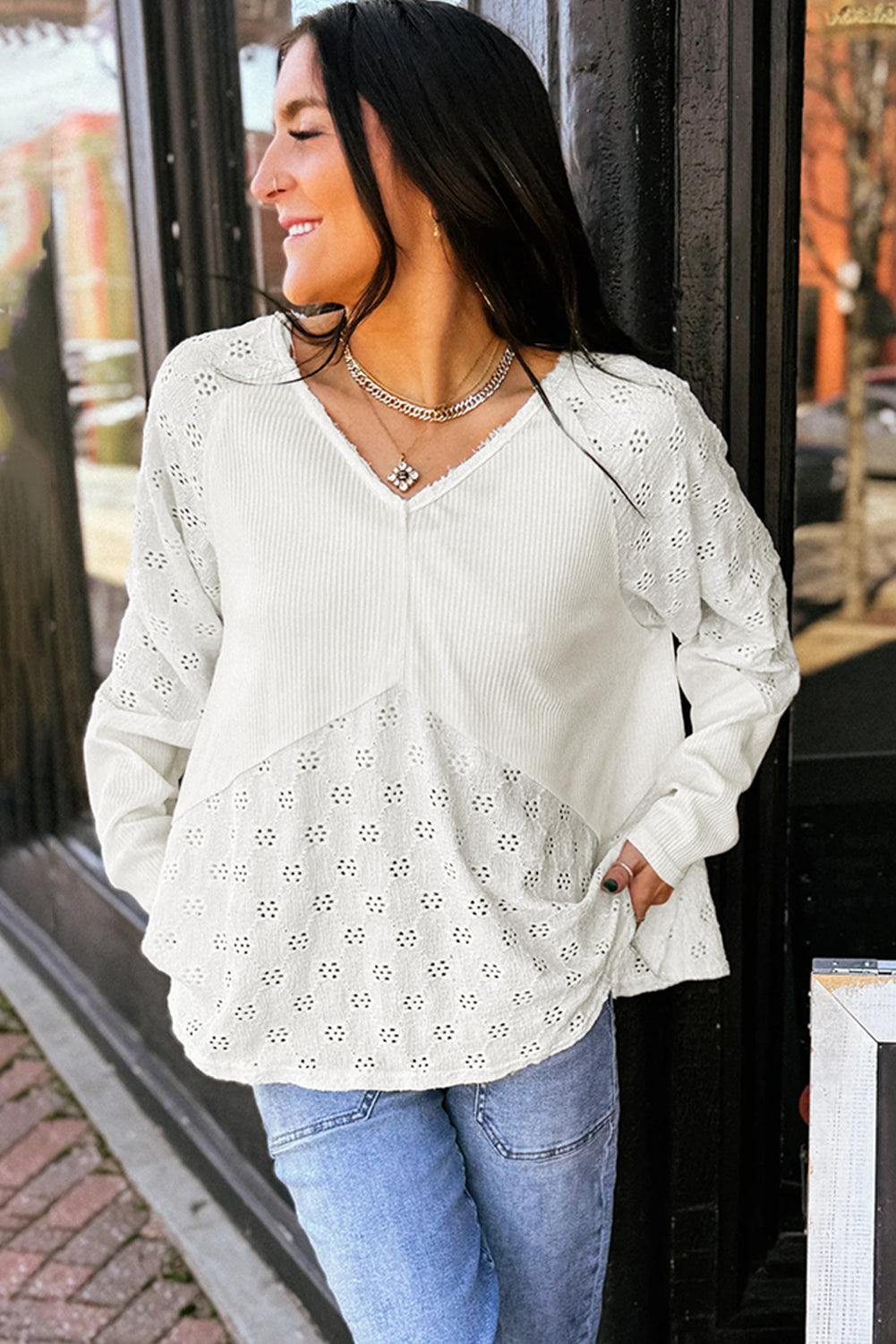 Twisted Embroidered Rib Patchwork Loose V-Neck Long-Sleeved Top