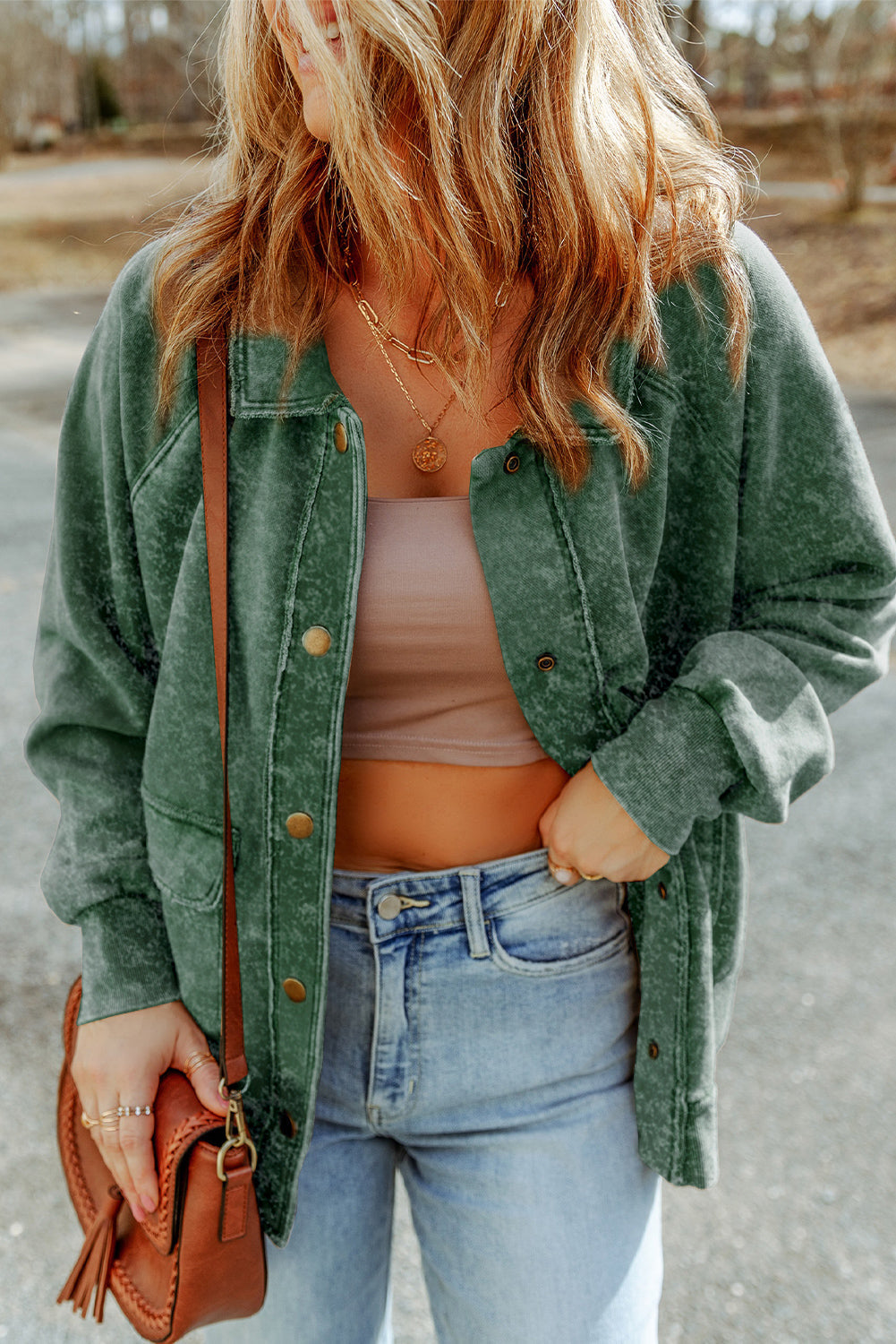 Women's Shacket Featuring Flap Pocket Button Green Vintage Washed