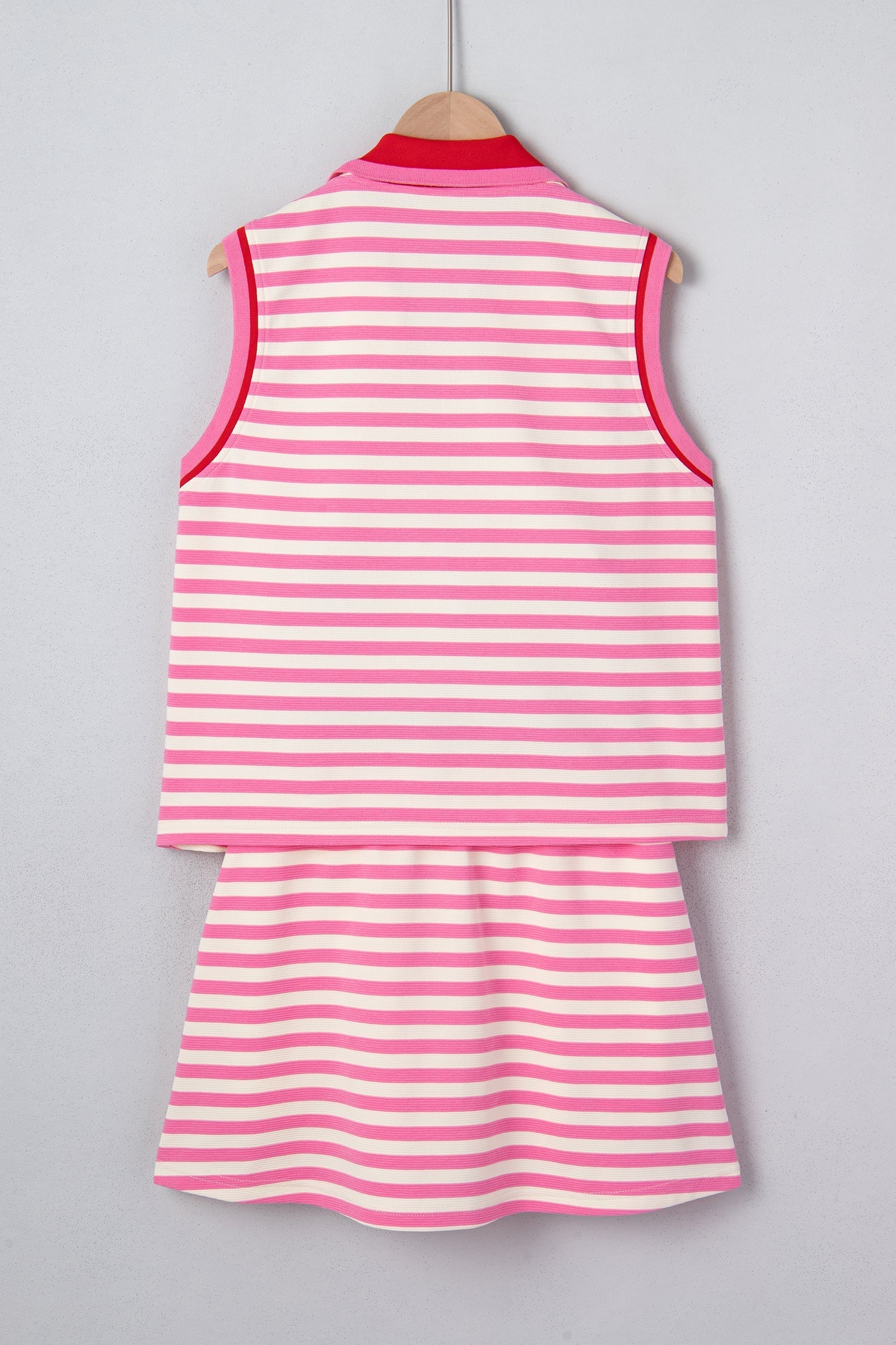 Textured Sachet Pink Stripe Print Contrast Trim Zip Collar Sleeveless 2pcs Skort Set