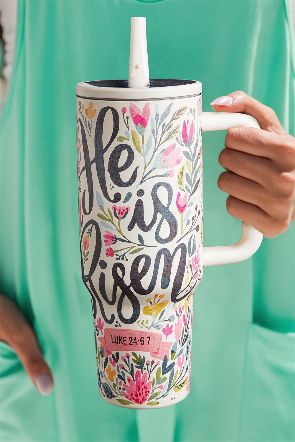 Is Risen He Risen Flower Print Stainless Steel Tumbler 40oz