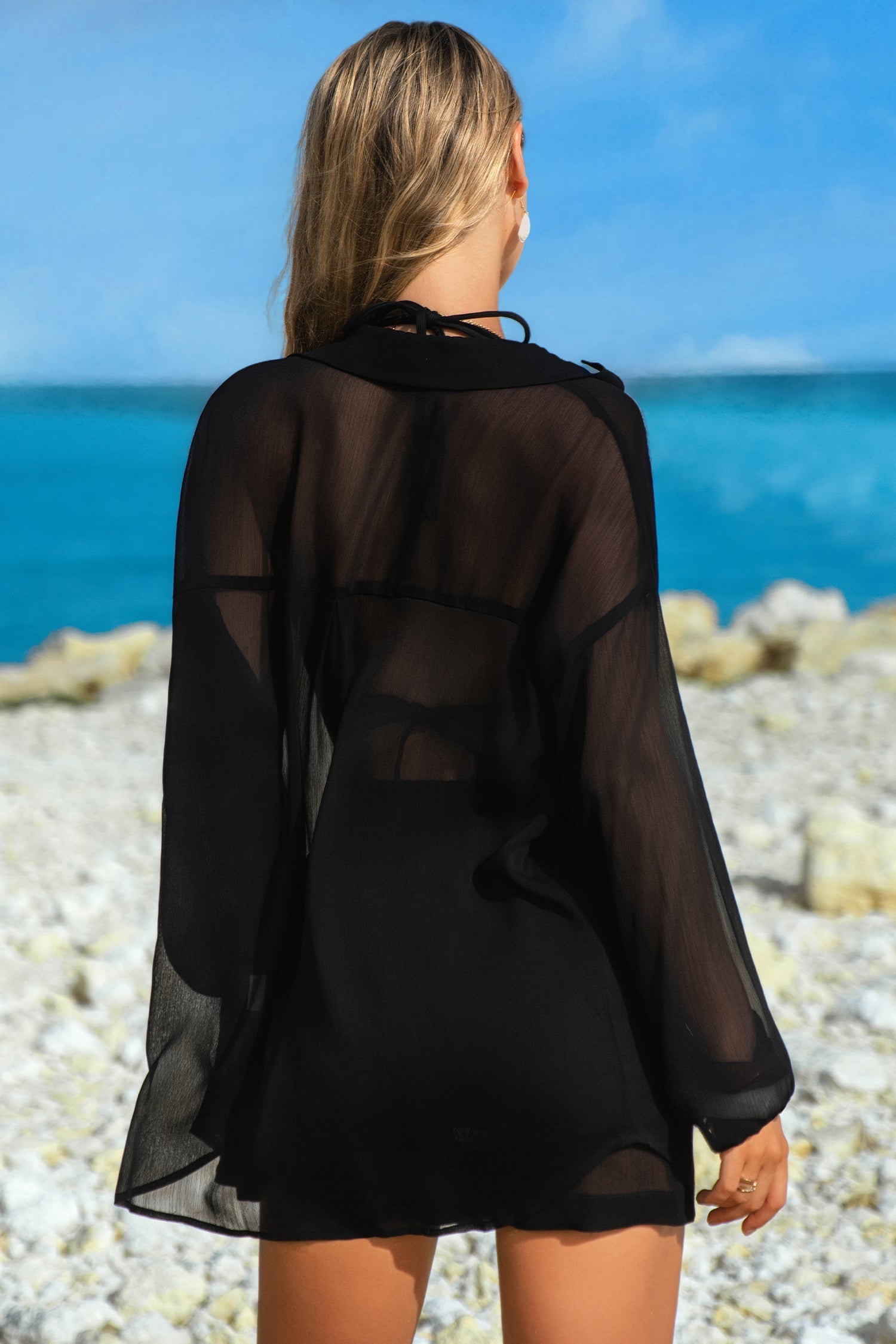 Sheer Drawcord Tunic Shirt Shorts 2pcs Swim Cover Up in Black