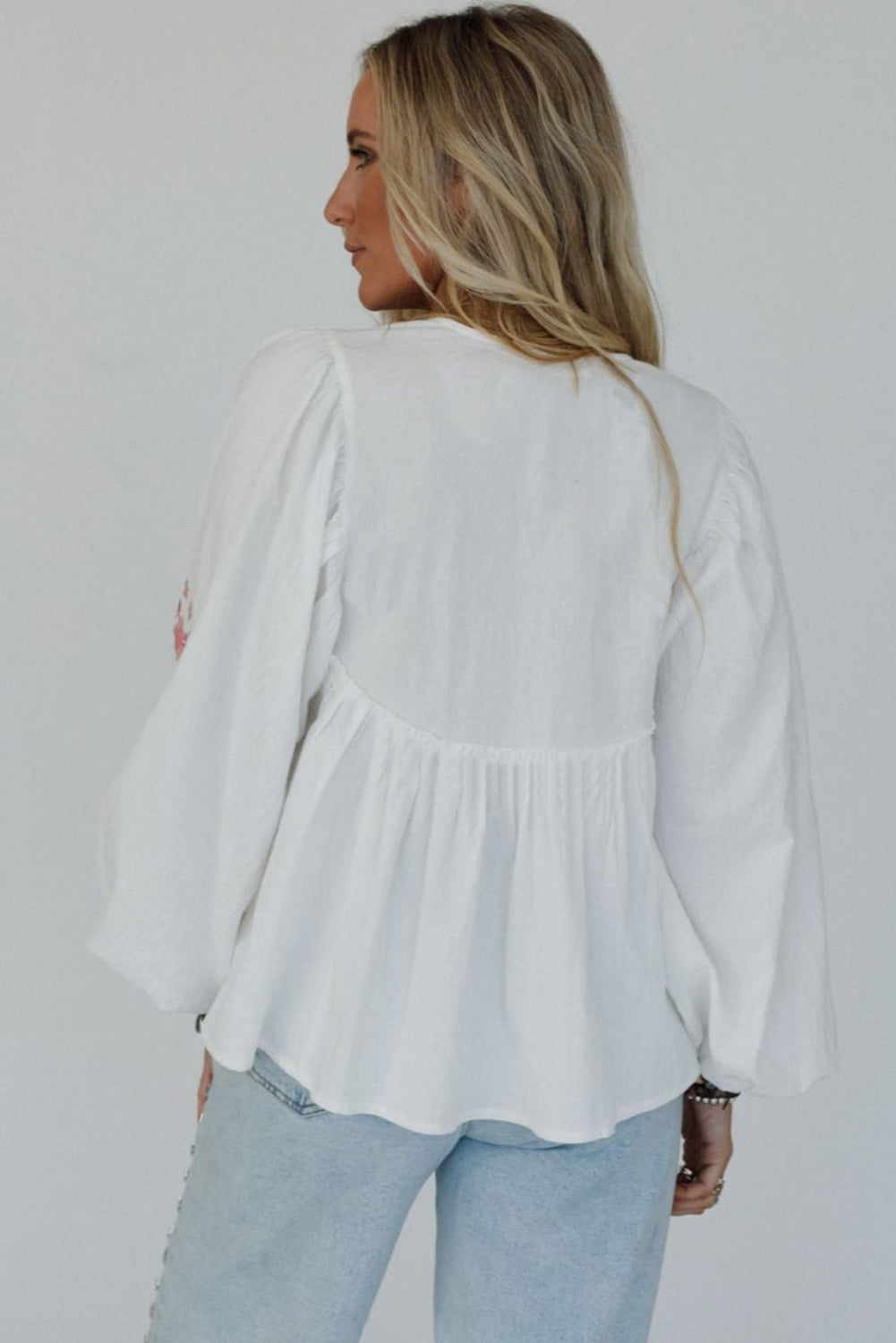 Lace-up Flower Print V-Neck Babydoll Blouse