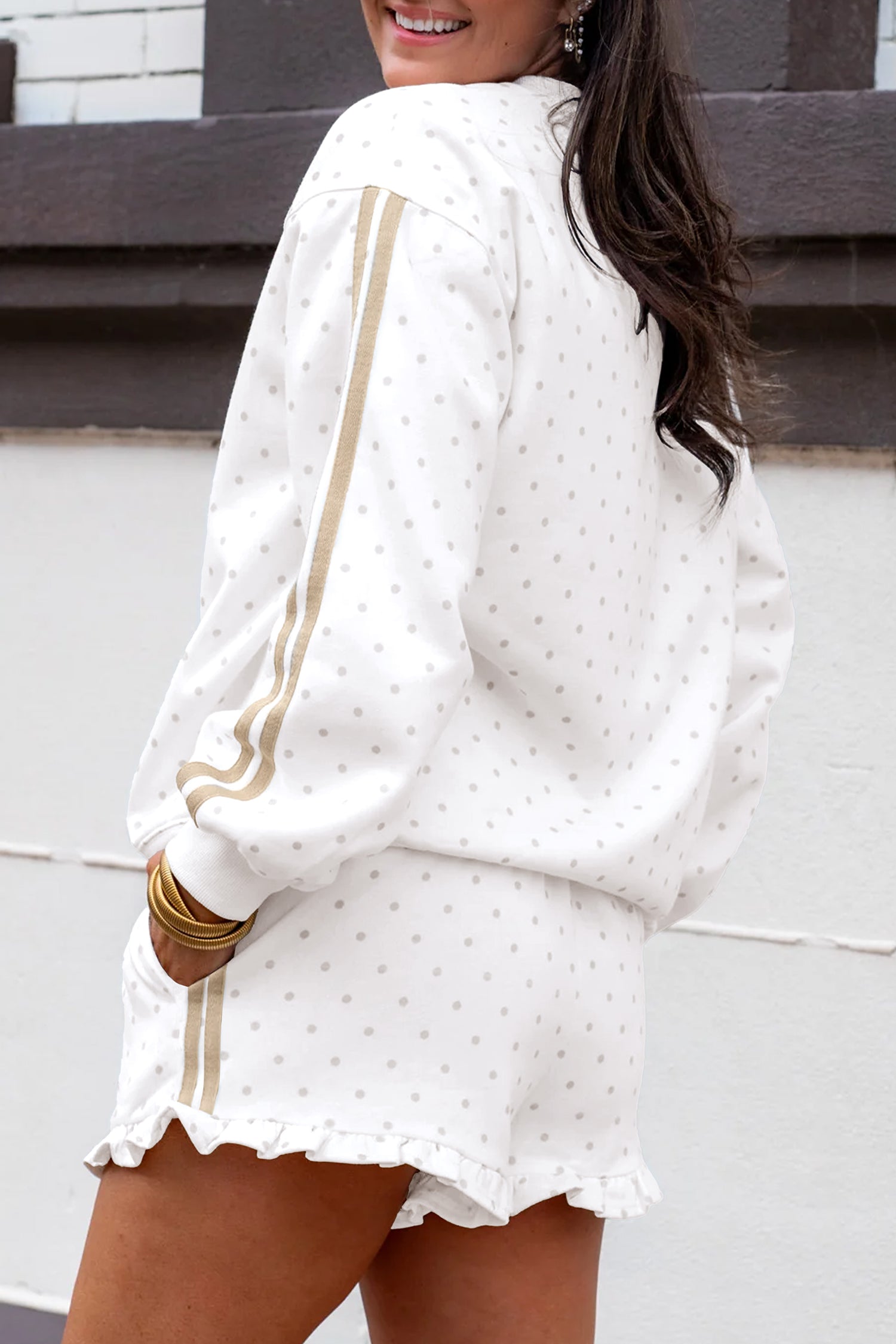 Polka-Dot Print Side Stripe Everyday Sweatshirt 2pcs Short Set in White