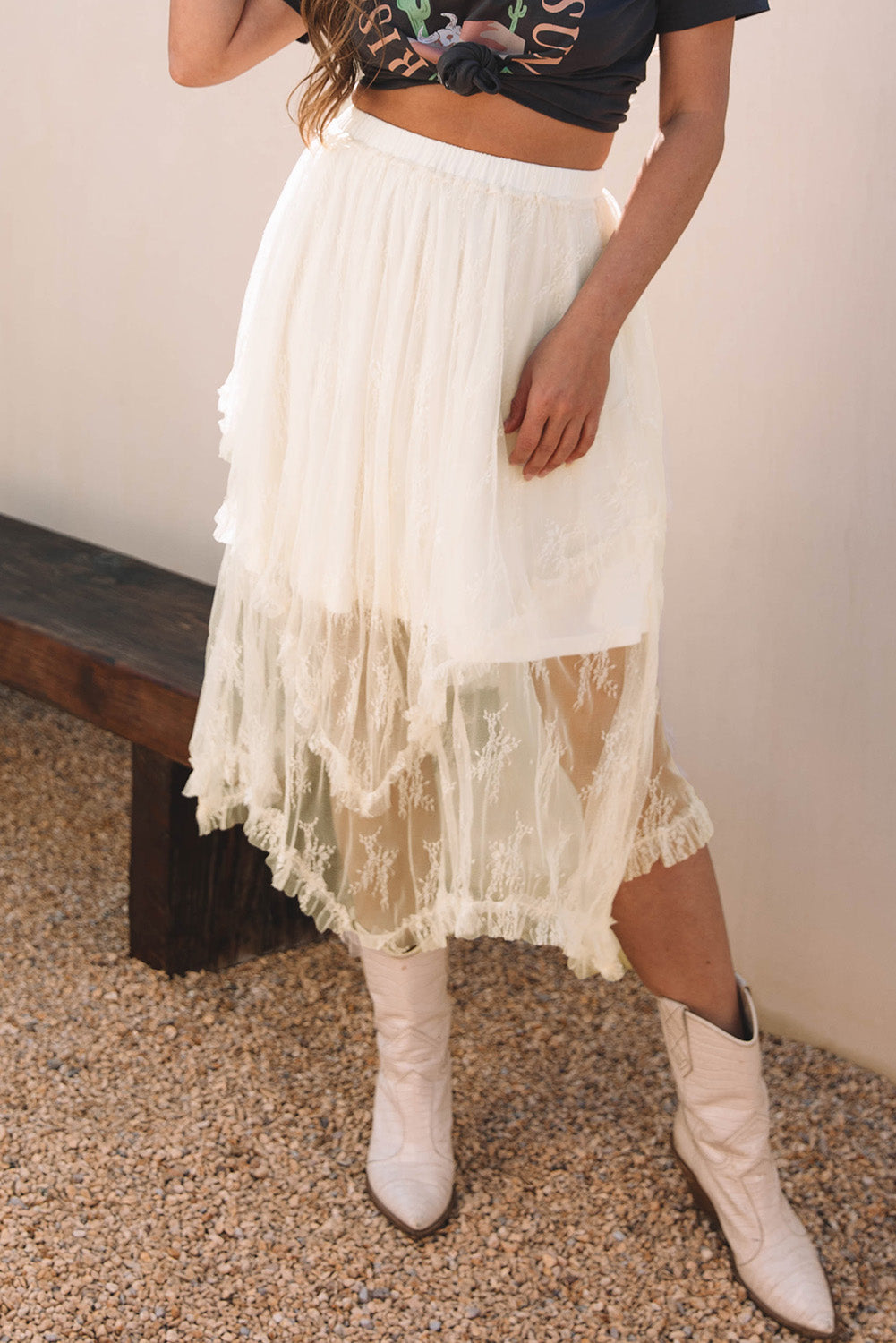 Lace High-Waisted Cascading Tiered Maxi Skirt in Beige