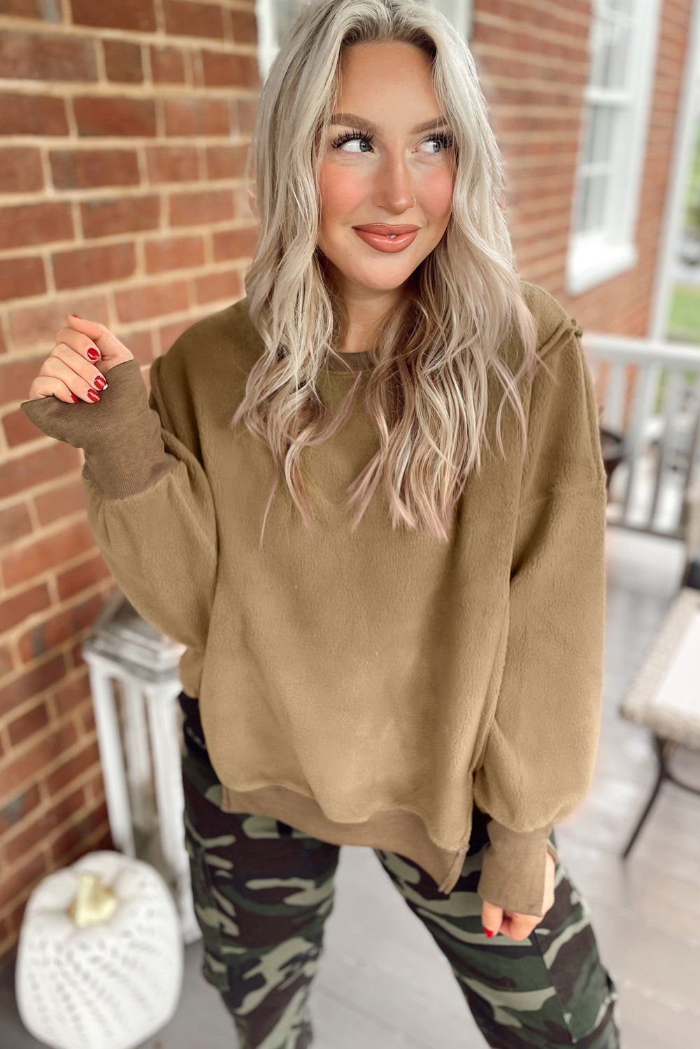 Fuzzy Sherpa Splicing Pullover Sweatshirt with Side Slit