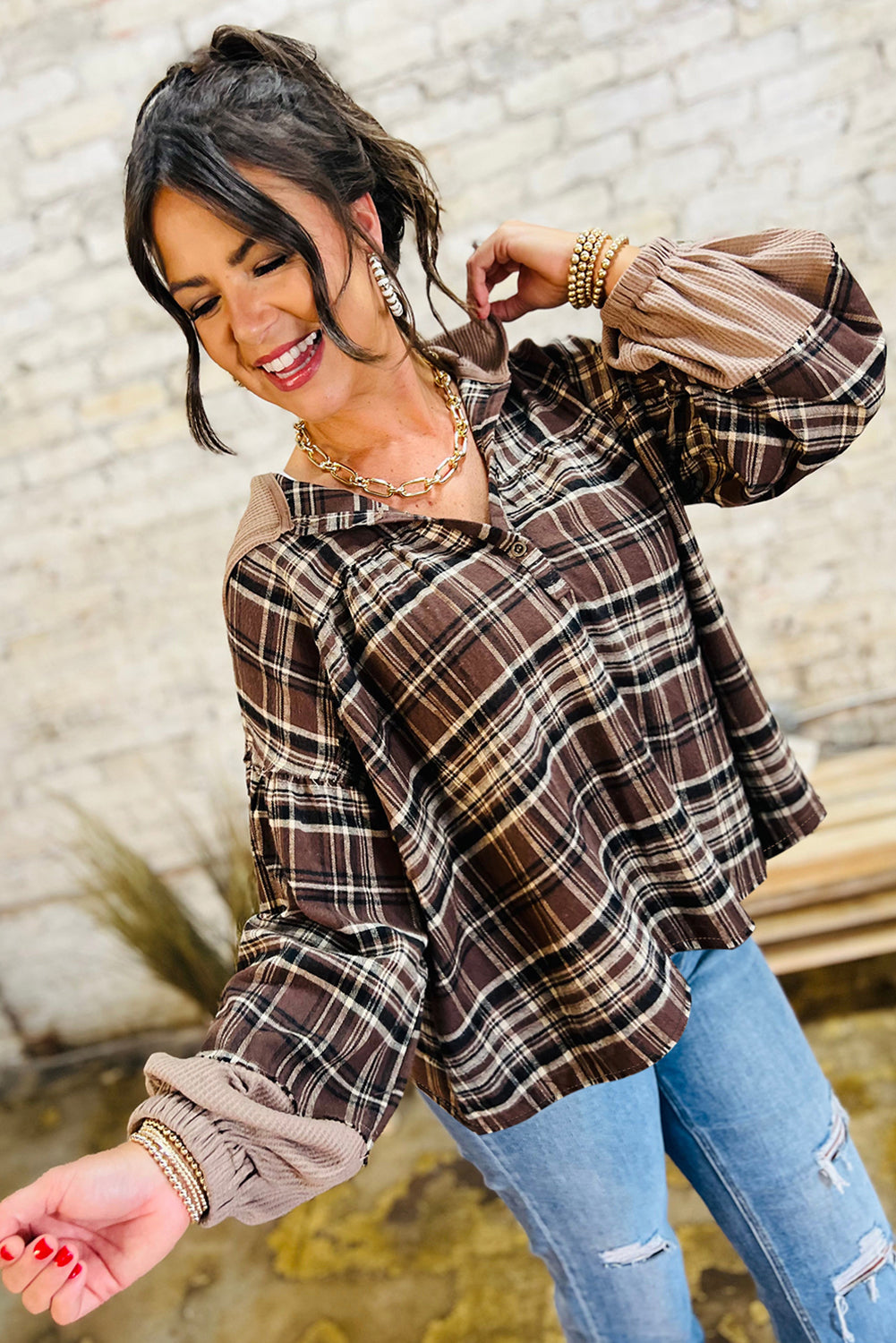 Long-Sleeved Plaid Patchwork Button Hooded Blouse