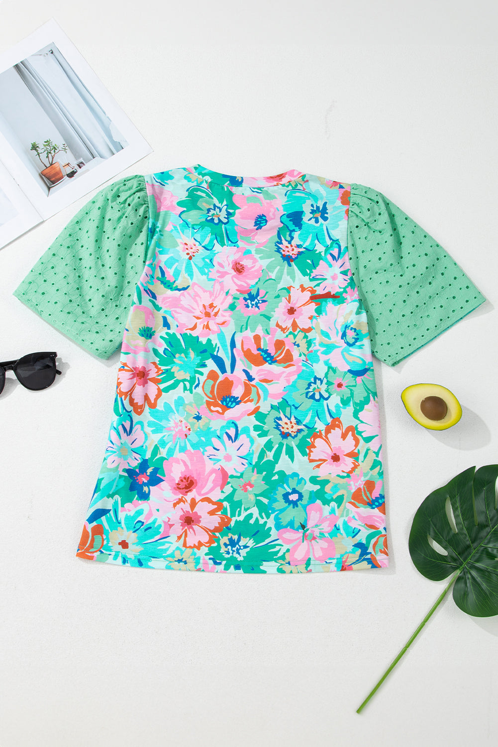 Floral Print Eyelet Embroidered Short Sleeve Top