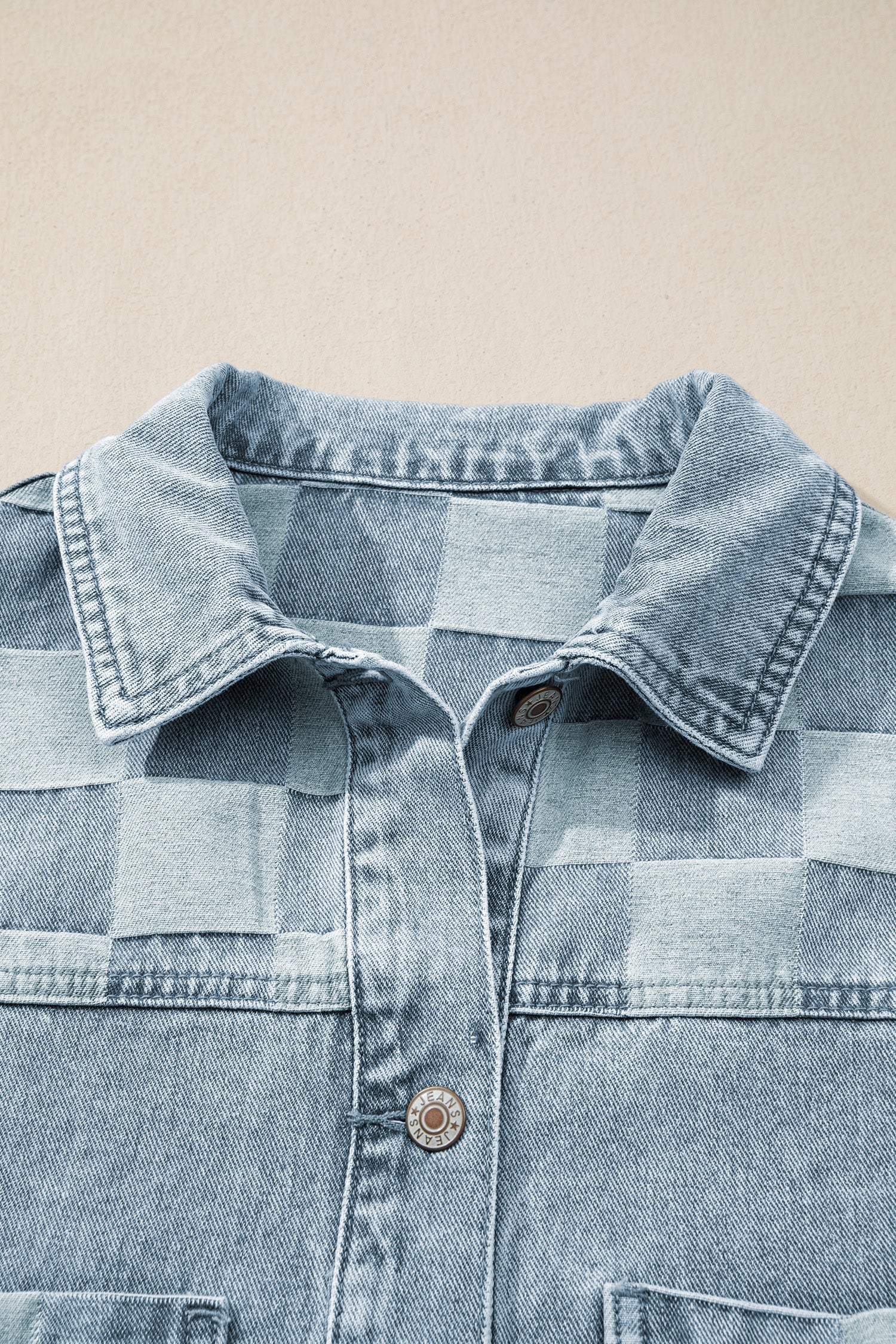 Pattern Denim Checkered Patchwork Womens Everyday Jacket in Beau Blue