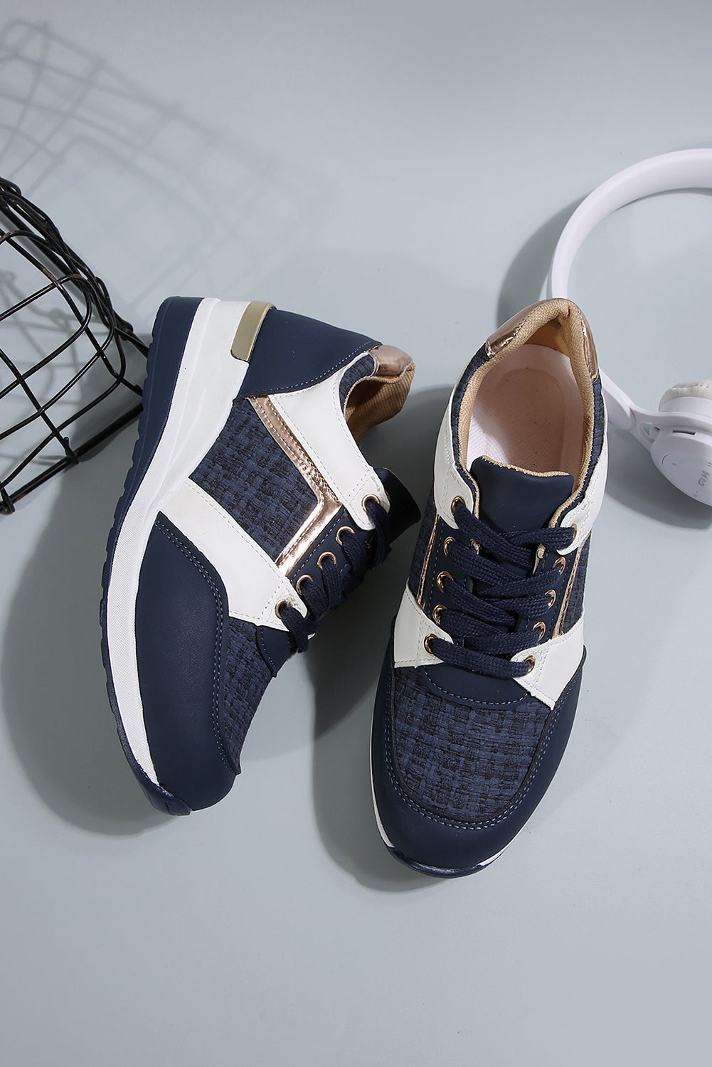 Glitter Patched Lace-up Wedge Sneakers Style