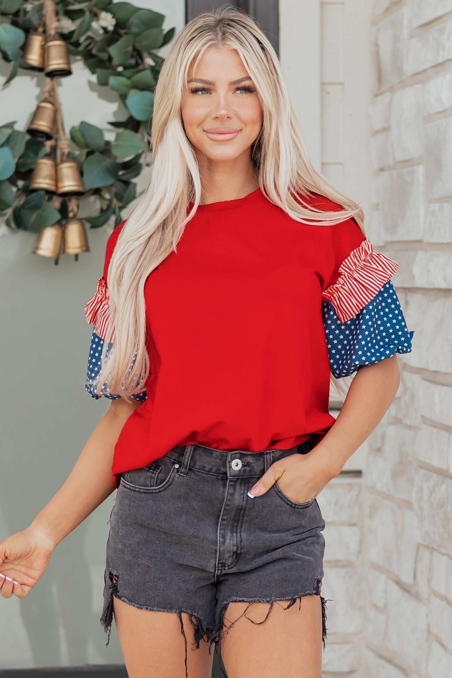 Stars Stripes Short Puff Sleeve Top in Red