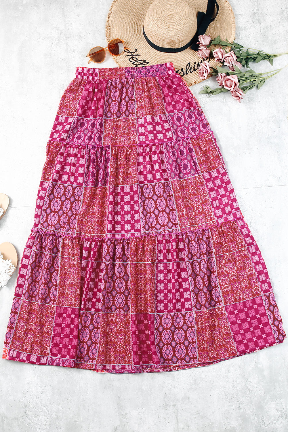 Tiered Pocket-Detail Paisley Print Boho Maxi Skirt in Purple