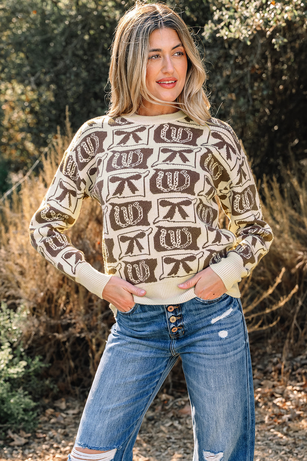 Horseshoes Bows & Pattern Western Fashion Print Knit Top
