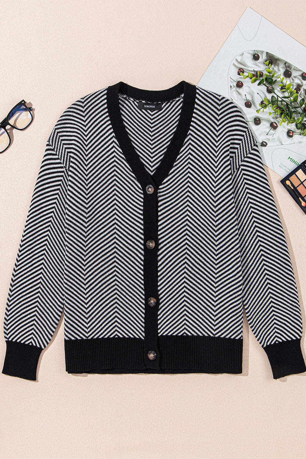 Stripe Button-Front Herringbone Cardigan in Black White