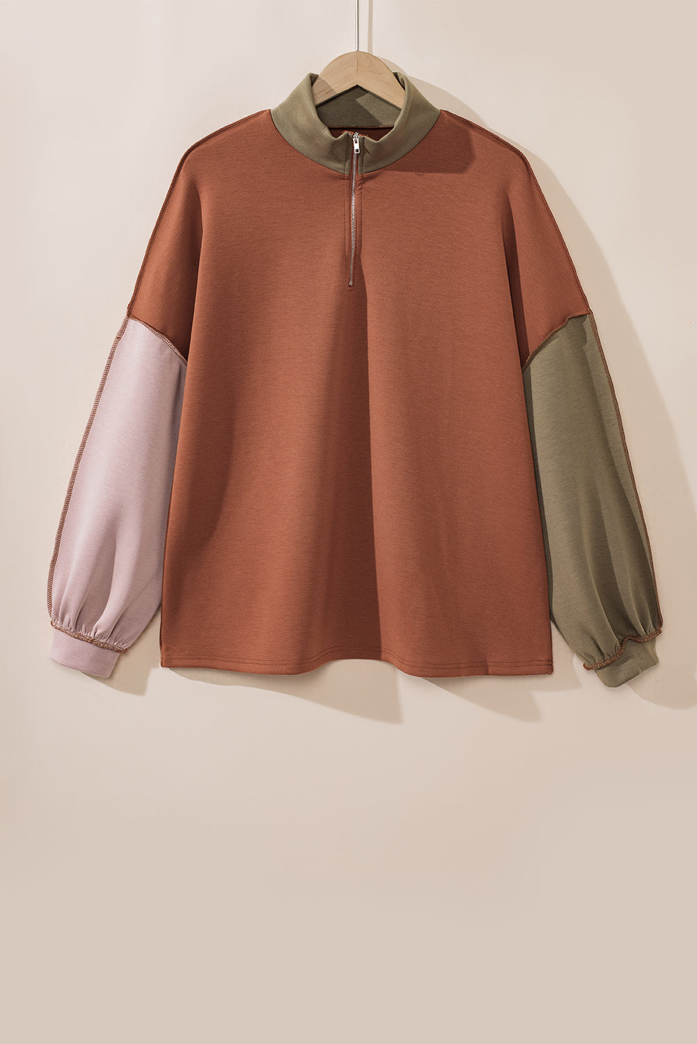 Sweat-shirt à Blocs de Couleurs et Coutures Exposées de Grande Taille avec Fermeture Éclair Quart