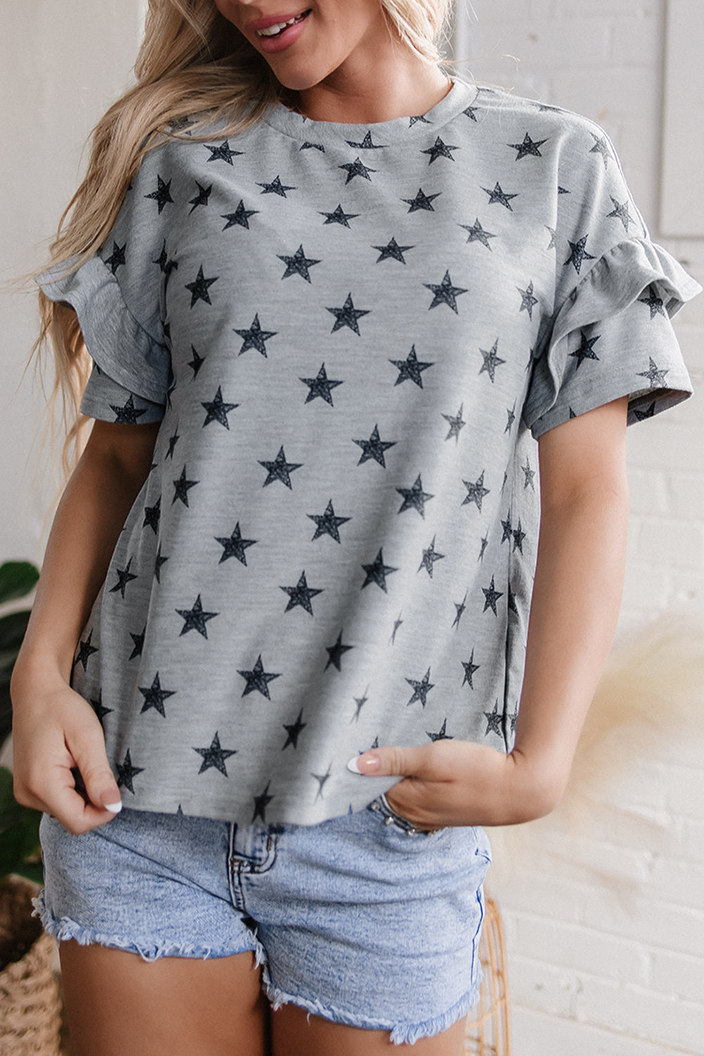 Star Print Tiered Ruffled Sleeve Crew Neck T Shirt