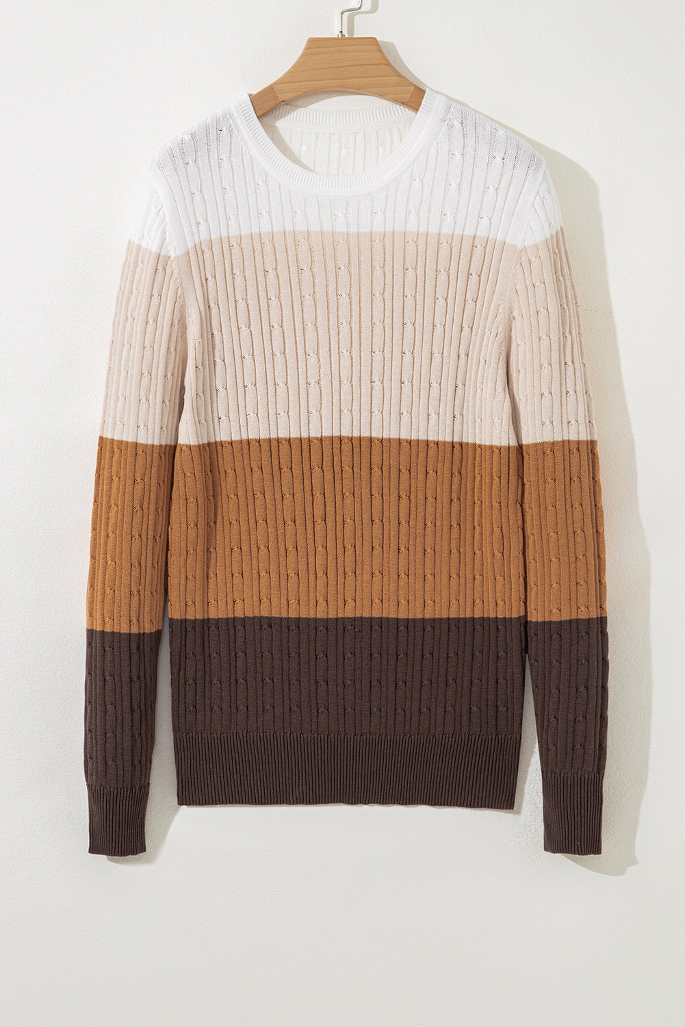Colorblock Knit Round-Neck Cable Knit Top in Khaki