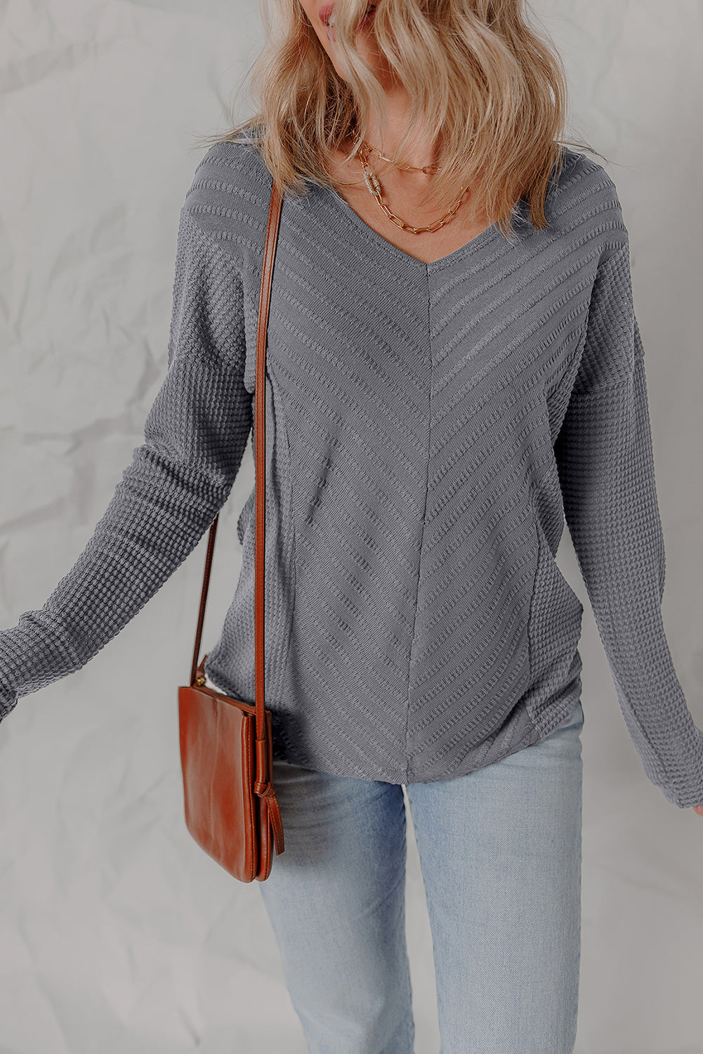 V-Neck Patchwork Chevron Texture Long-Sleeved Knit Top