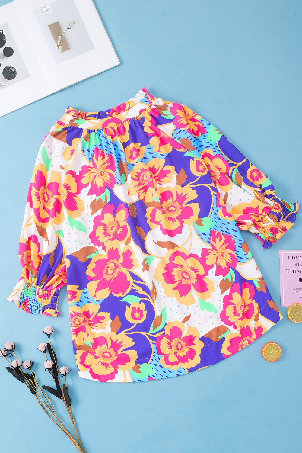 Women's Blouse with Floral-Print Split Neck Frill-Trimmed