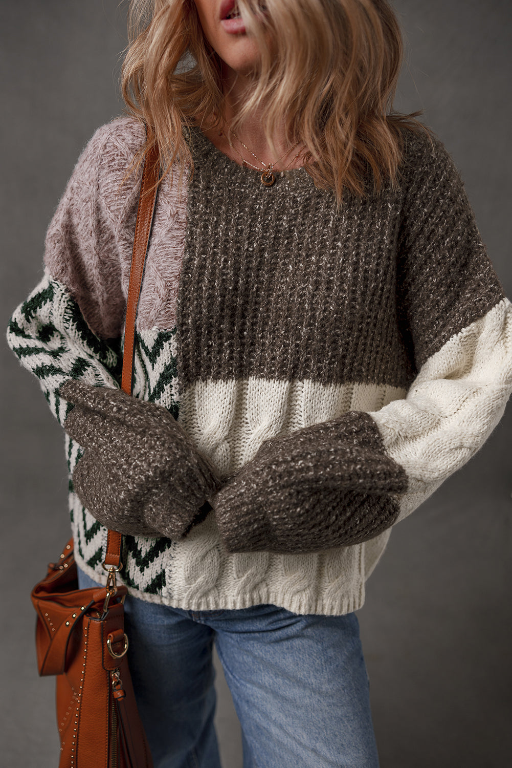 Knotted Colorblock Patchwork Back Easy-Fit Fit Knit Top in Brown