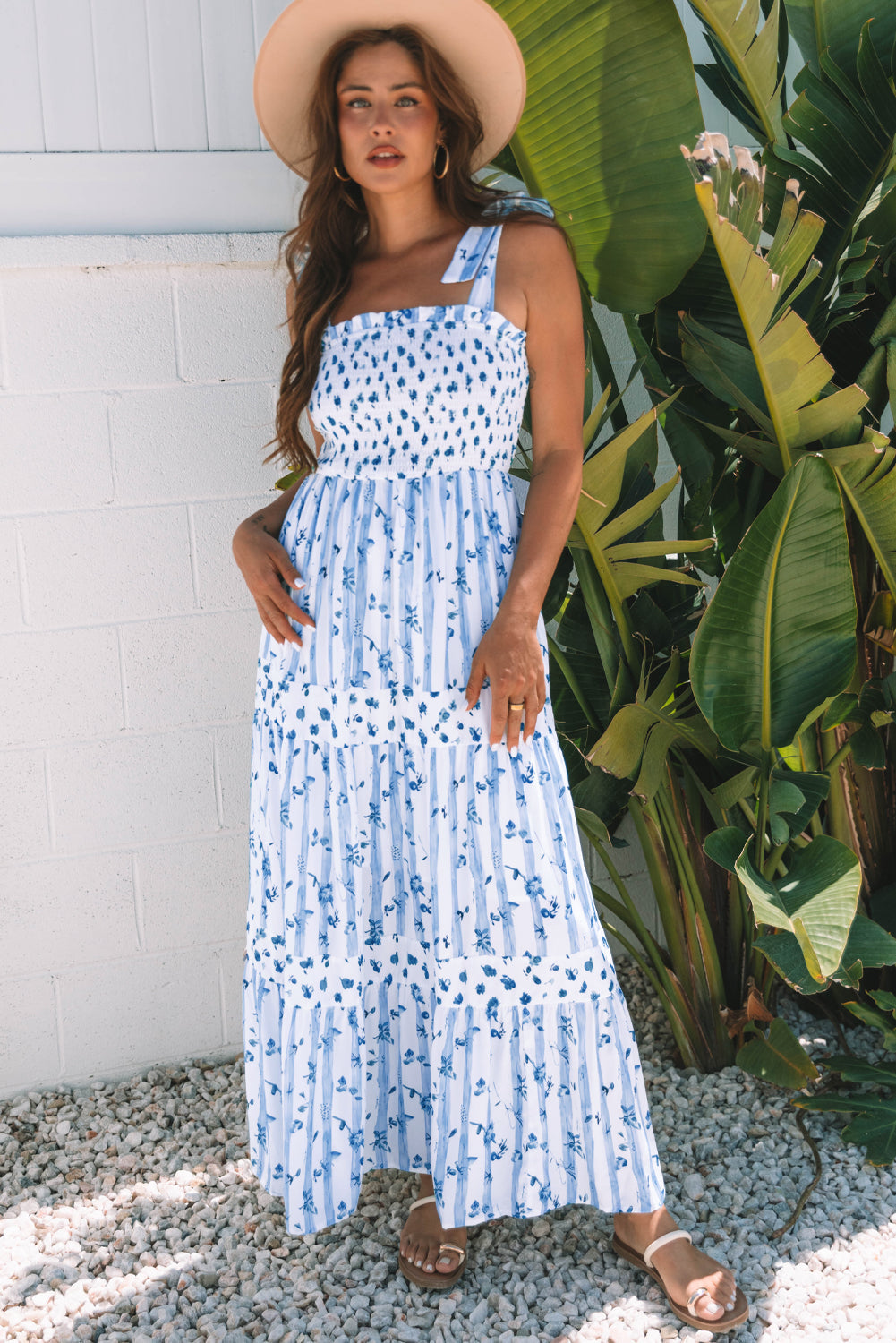 Smocked Tied Floral Tied Straps A-Lined Tiered Maxi Dress