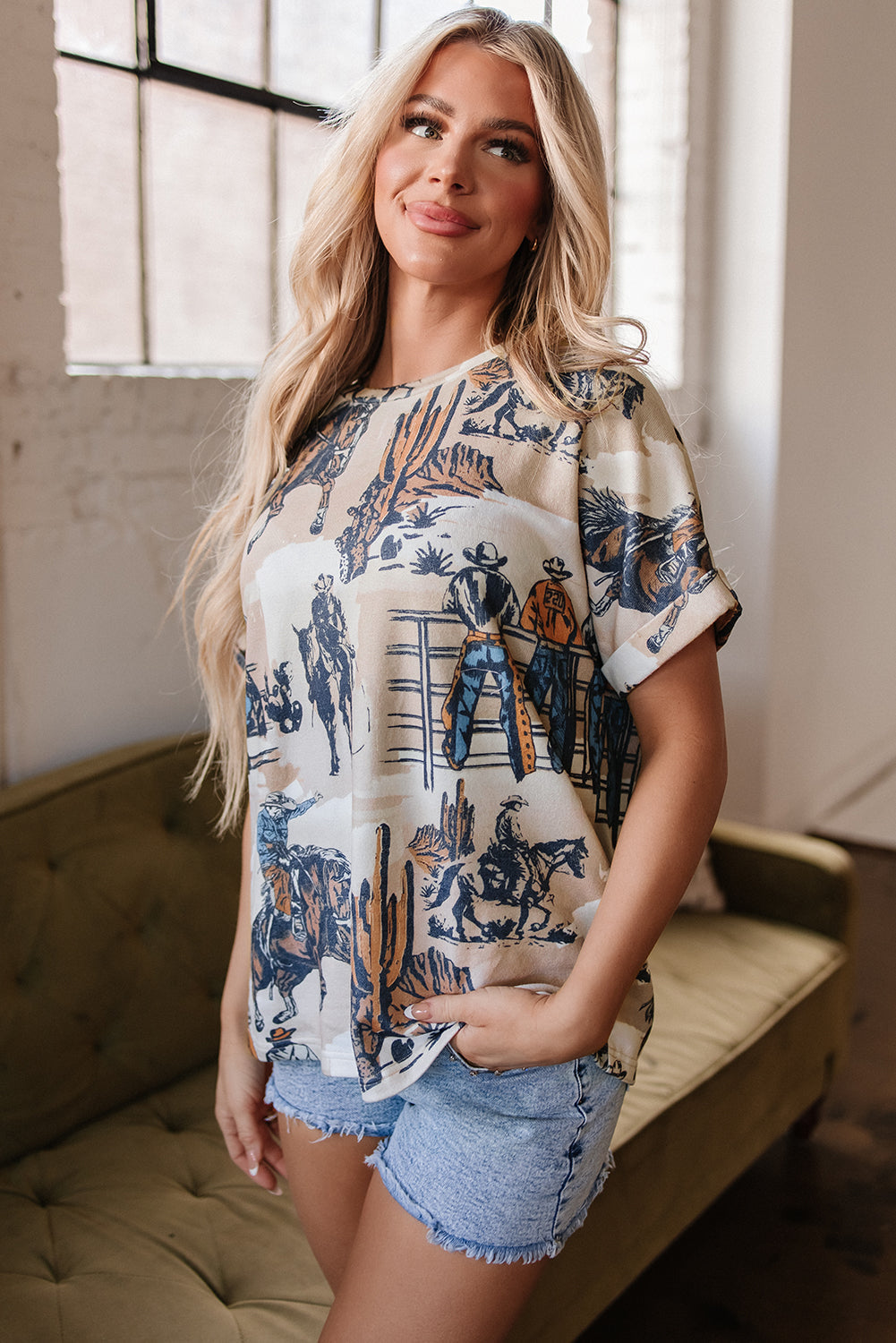 Western Cowboy Print Cuffed Sleeve T Shirt