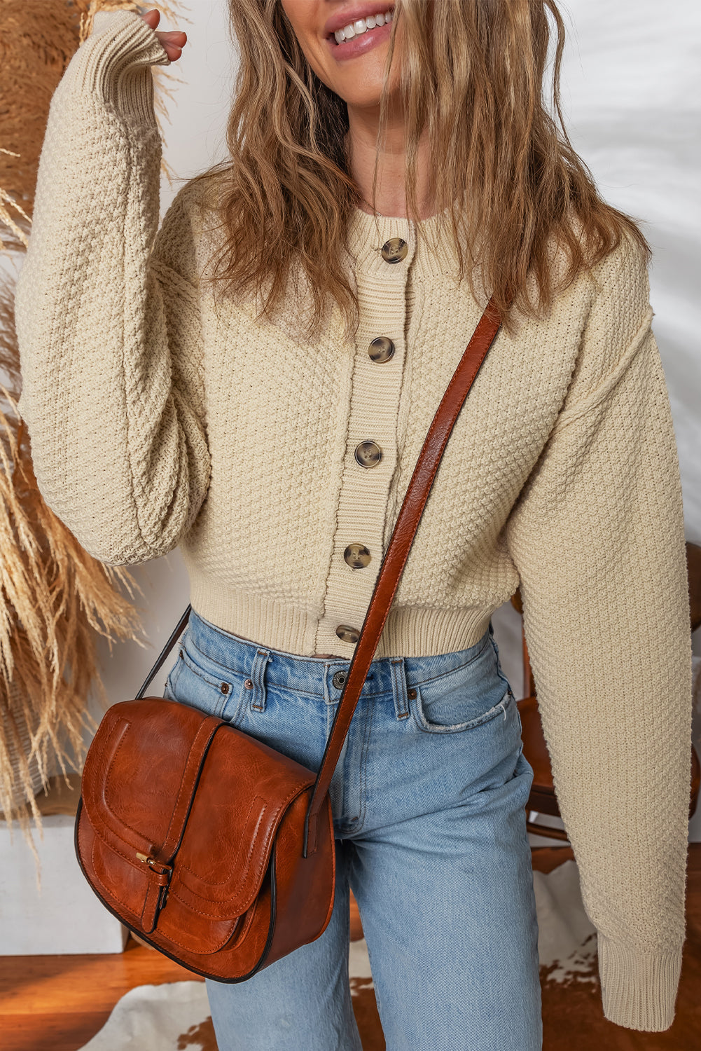 Front Cropped Button Cropped Cardigan Knit Top