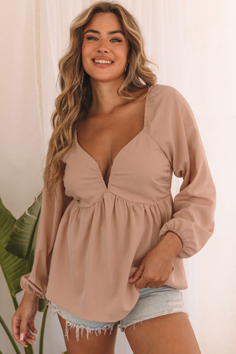 Women's Notched V Neck Shirred Back Peplum Blouse