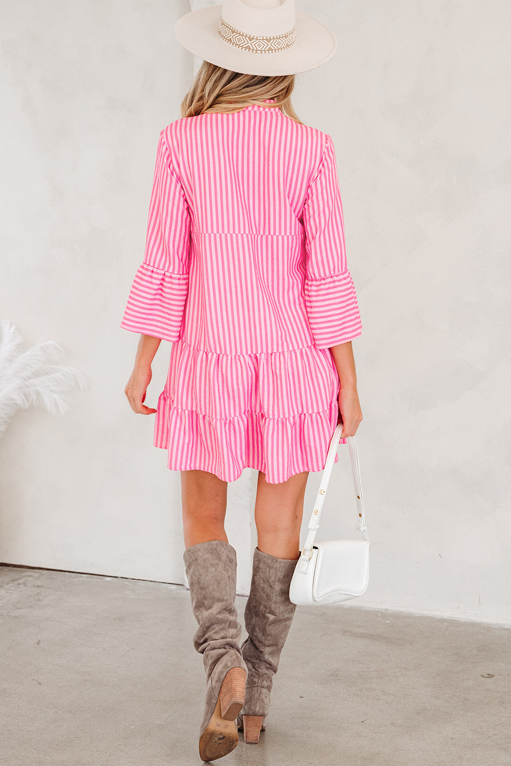 Half Flare Sleeve Placket Tiered Flowy Mini Dress