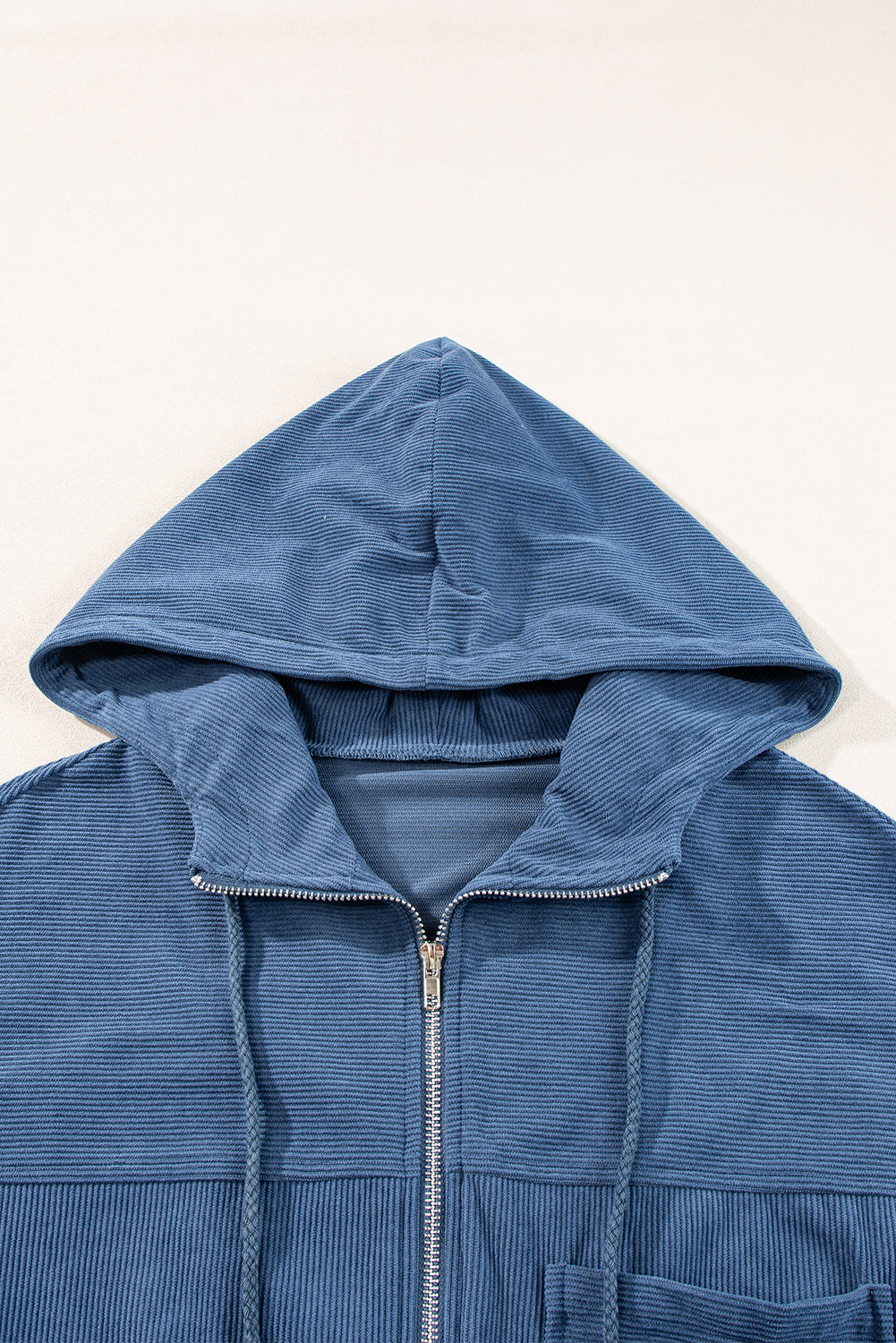 Hooded Corduroy Drawcord Pocket Zip-Front Jacket in Real Teal