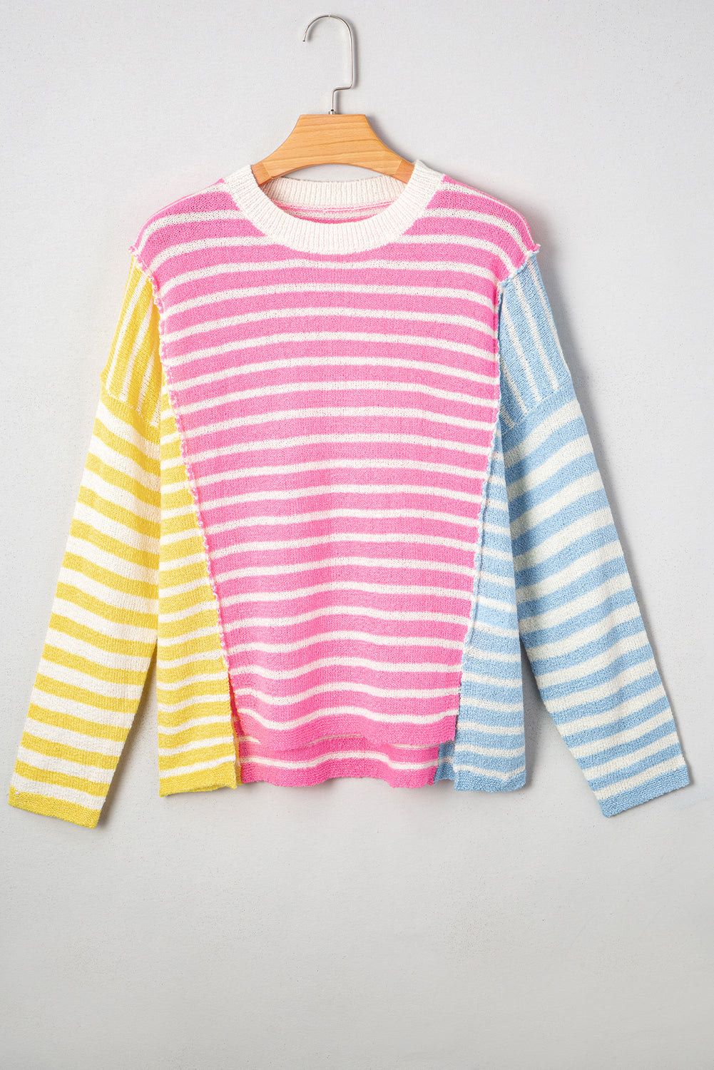 Patchwork Colorblock Striped Dolman Sleeve Slit Knit Top in Multicolour