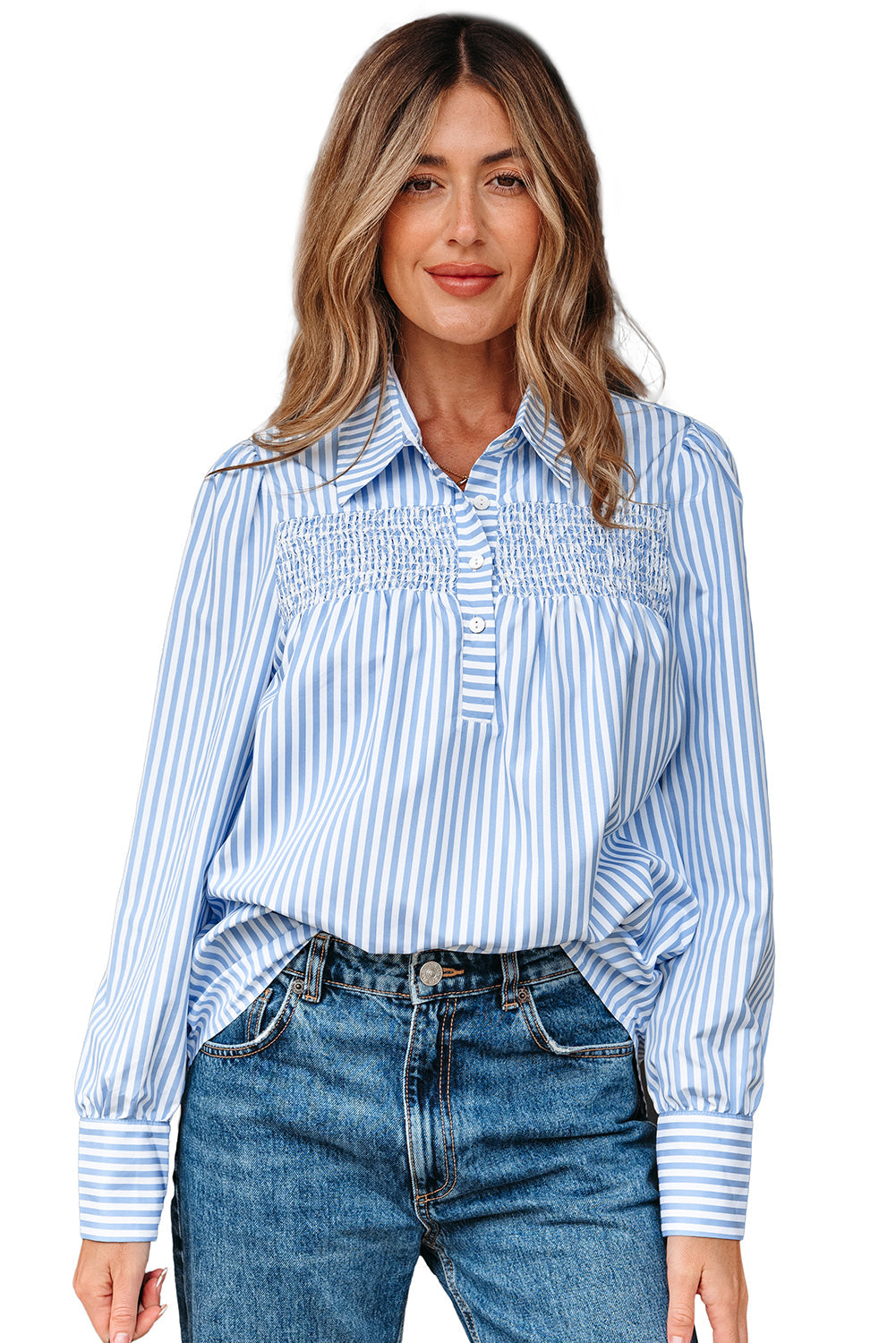 Shirred Placket Detail Half Collared Long-Sleeved Fall Shirt
