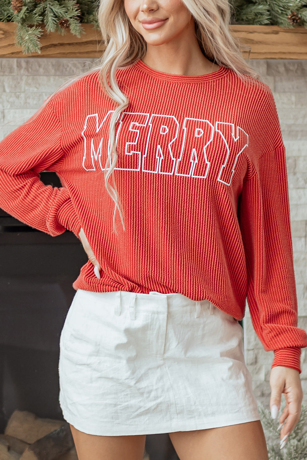 Outlined Twisted Rib Merry Letter Graphic Loose Long-Sleeved Top