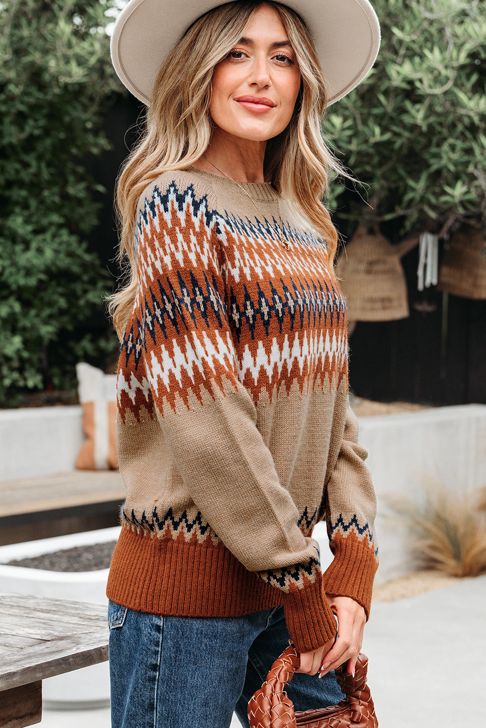 Colorblock Aztec Print Crew-Neck Knit Top