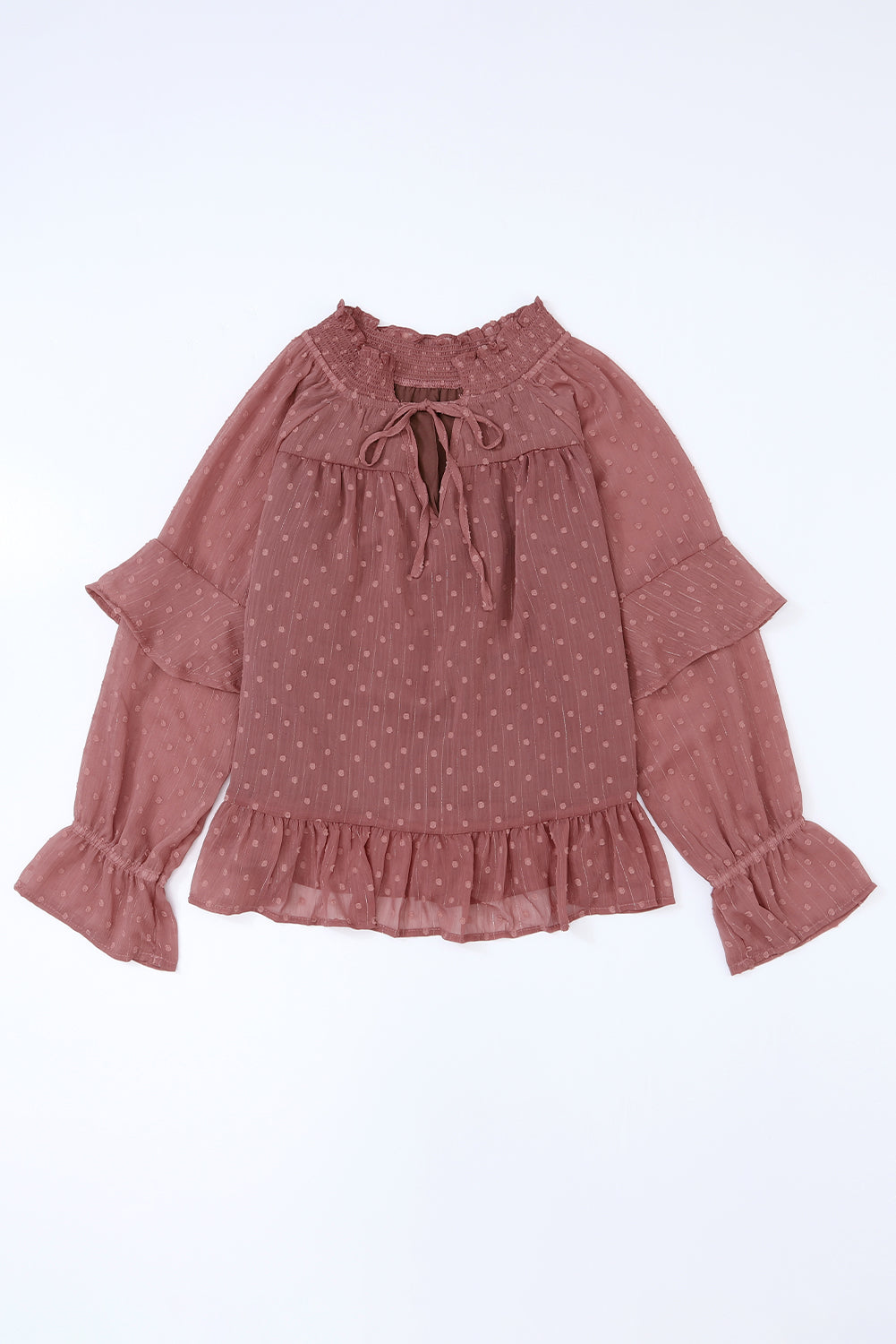 Women's Blouse with Ruffle-Trimmed Swiss Dot Lace-Trimmed up V Neck