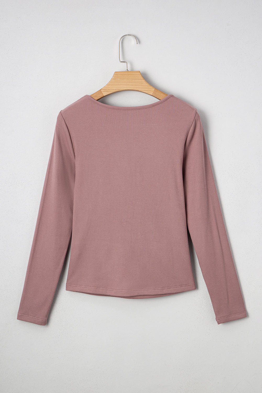 Gathered Bust Square Neck Rib-Knit Fit Long-Sleeved Top