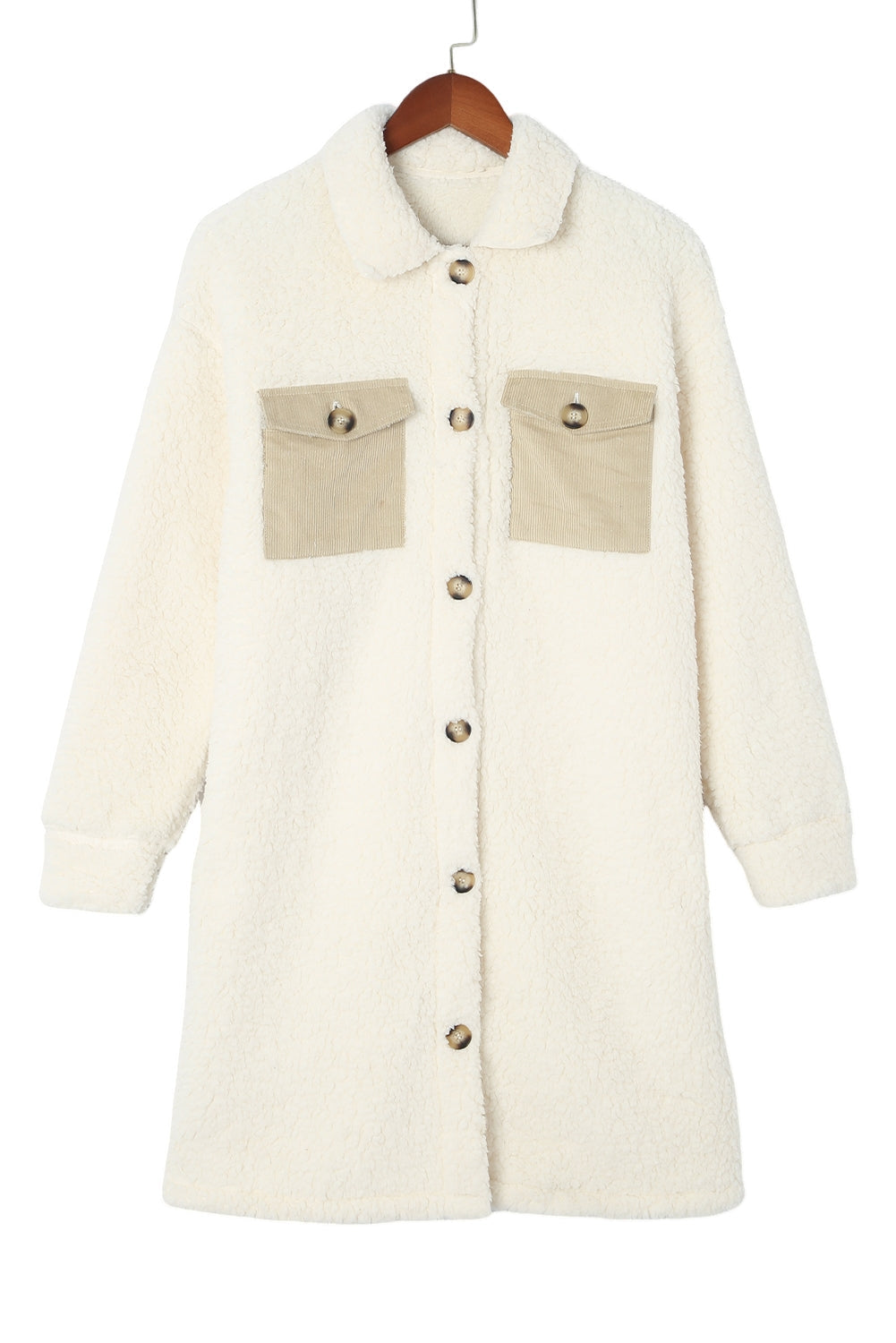 Contrast Flap Pocket Single Breasted Teddy Coat in Beige