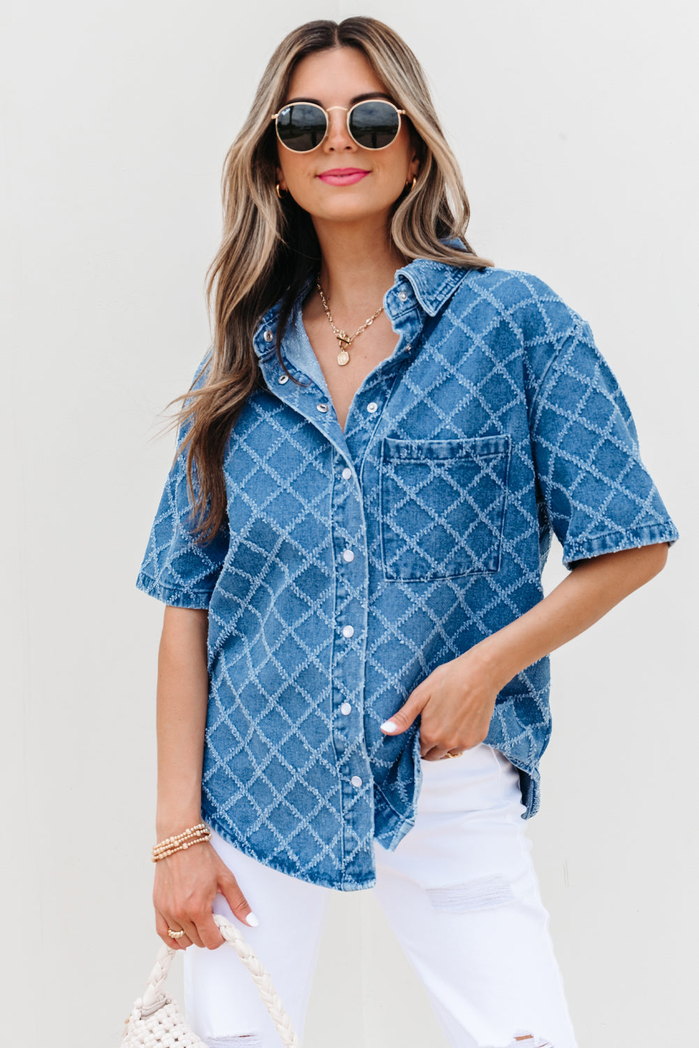Short-Sleeved Checkered Textured Patched Pocket Denim Shirt