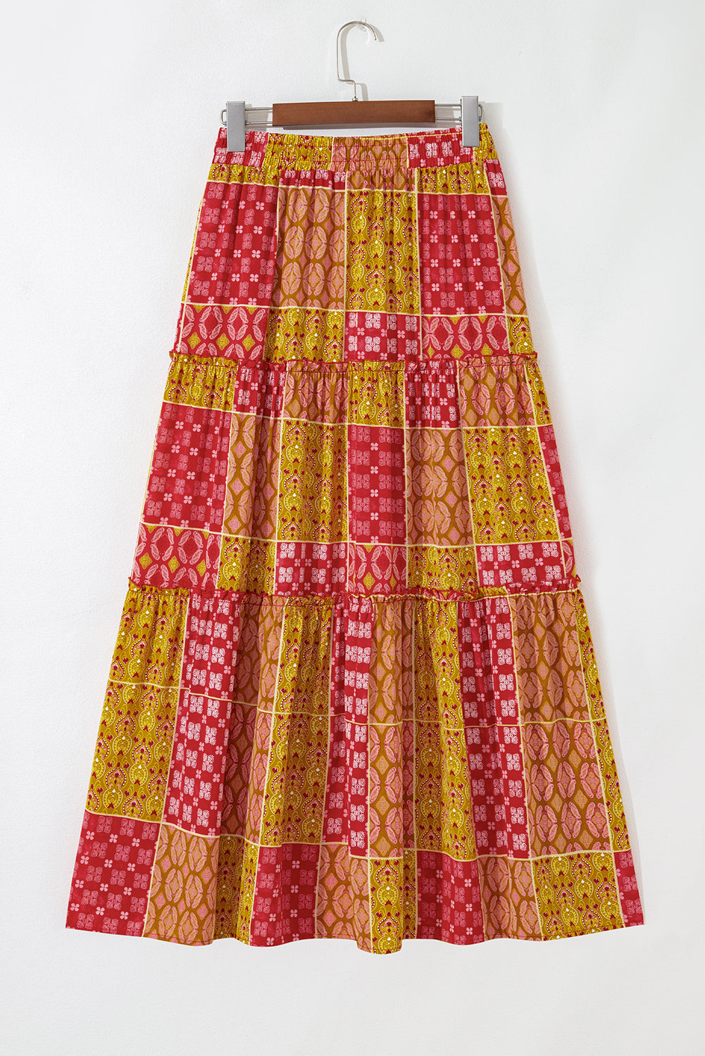 Tiered Pocket-Detail Paisley Print Maxi Skirt in Orange