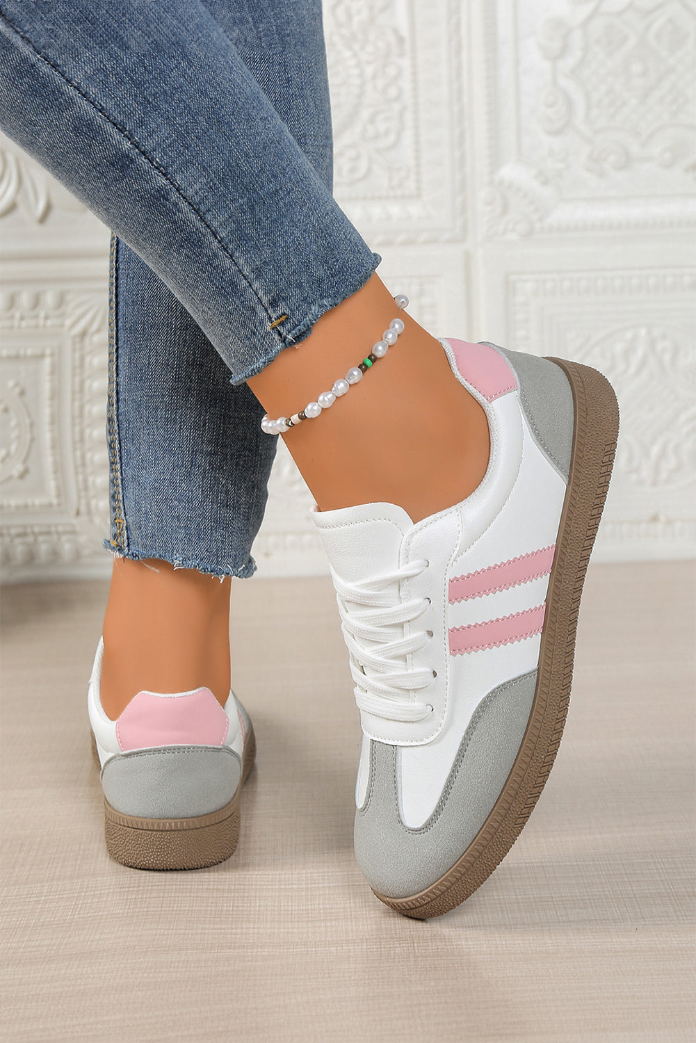Leather Colorblock PU Patchwork Lace Up Flat Shoes in Pink