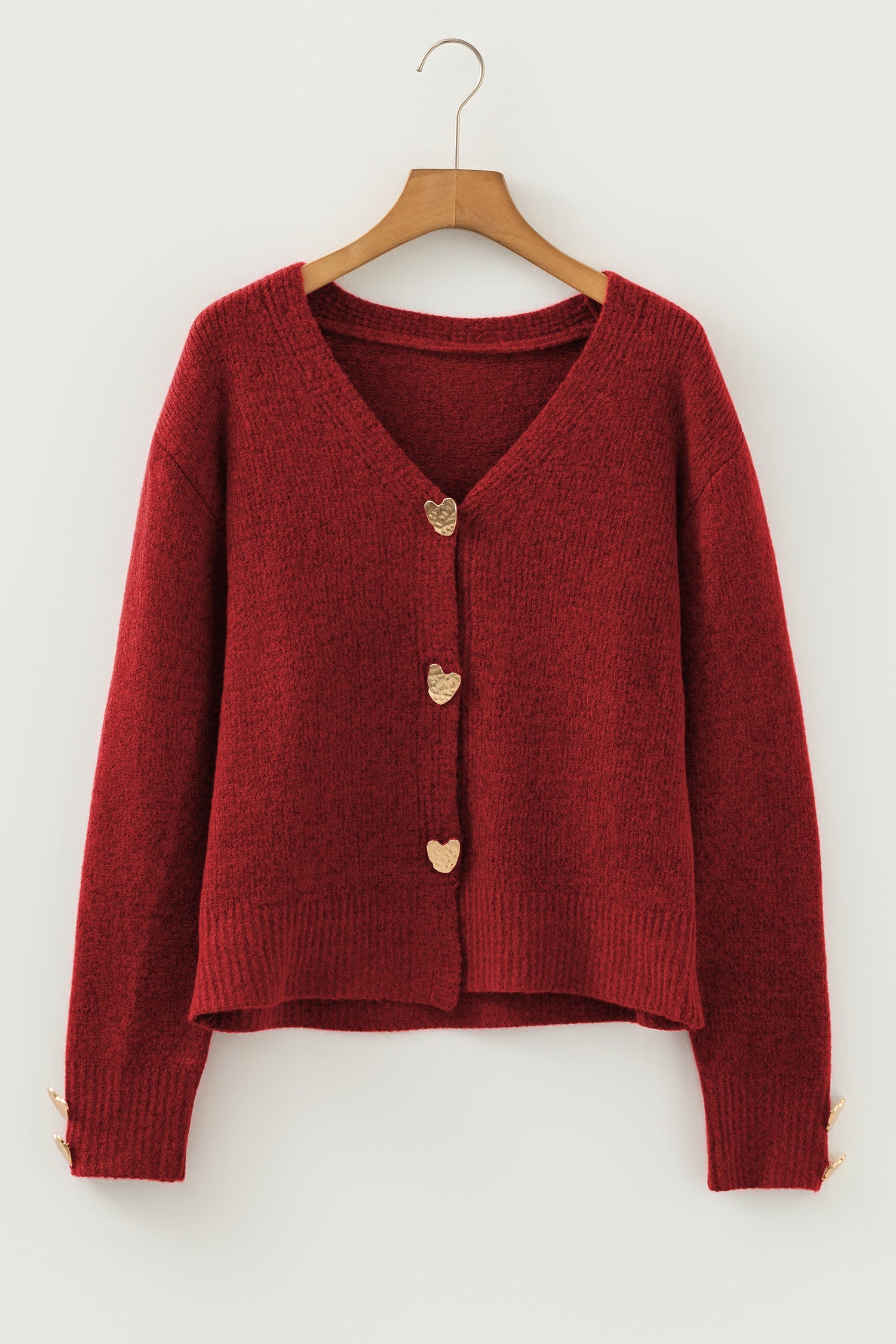 Heart V-Neck Metal Button Wool Cardigan Knit Top in Fiery Red