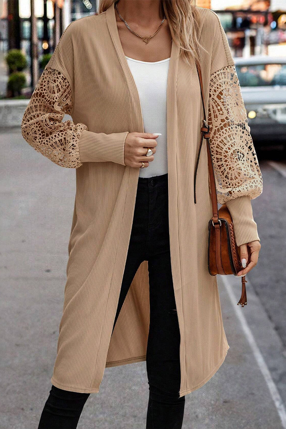 Rib-Knit Lace Patchwork Knit Open-Front Duster Cardigan in Parchment