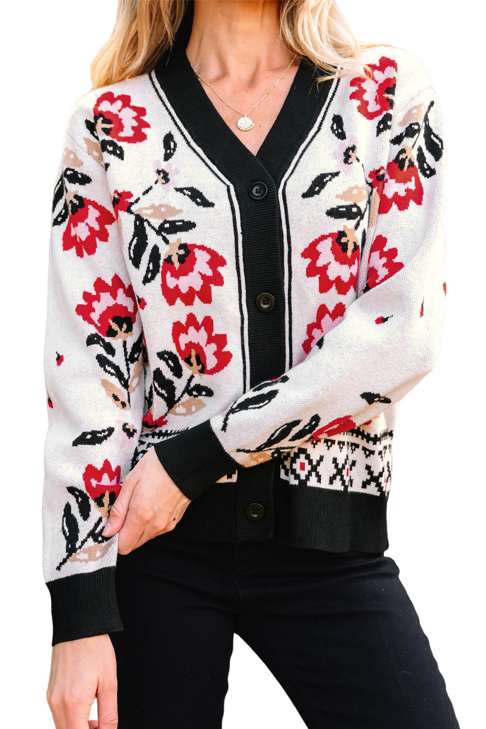 Floral-Print Button-Front V-Neck Knit Cardigan