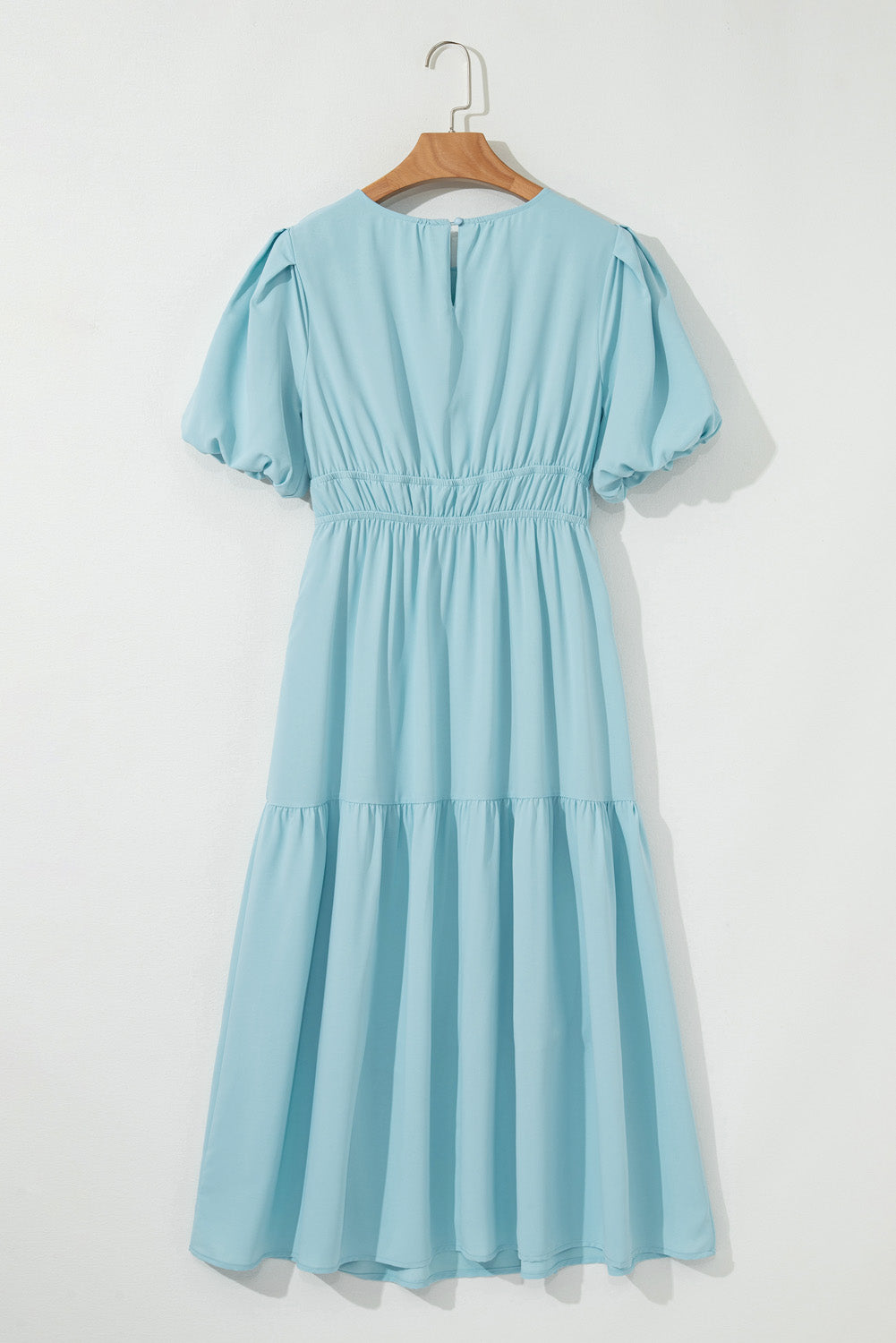 Puff Sleeve Pleated High Waist Flowy Midi Dress