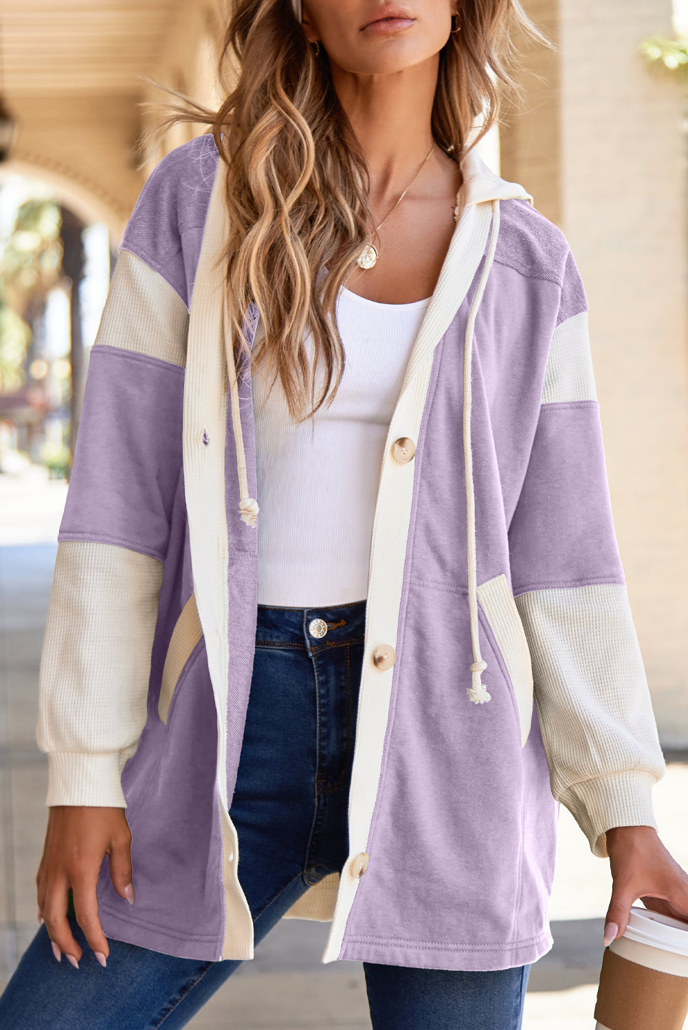 Waffle Contrast Knit Colorblock Patchwork Button Front Oversize Hoodie