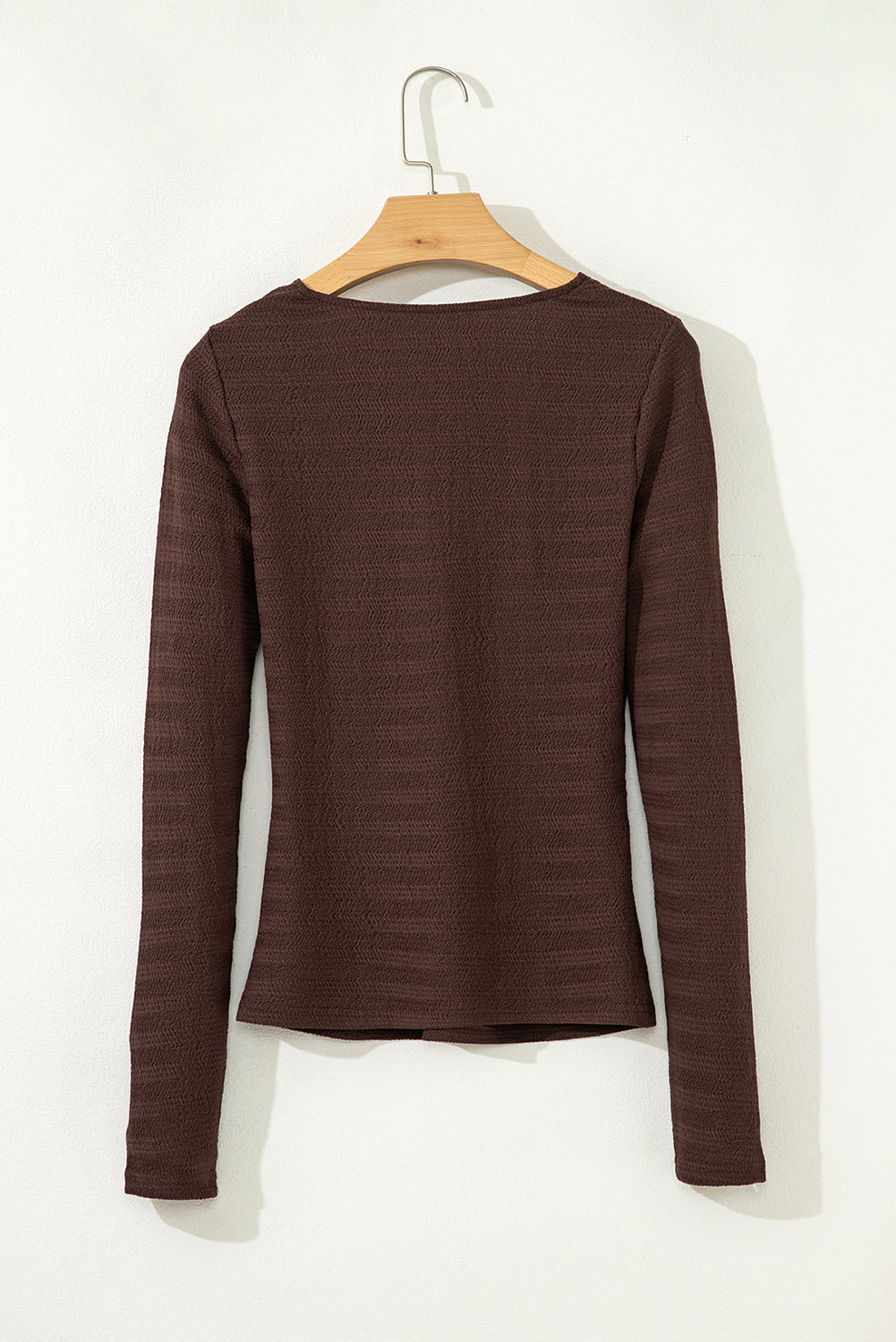 Coffee Front Textured Twist V-Neck Long-Sleeved Slim Solid Top