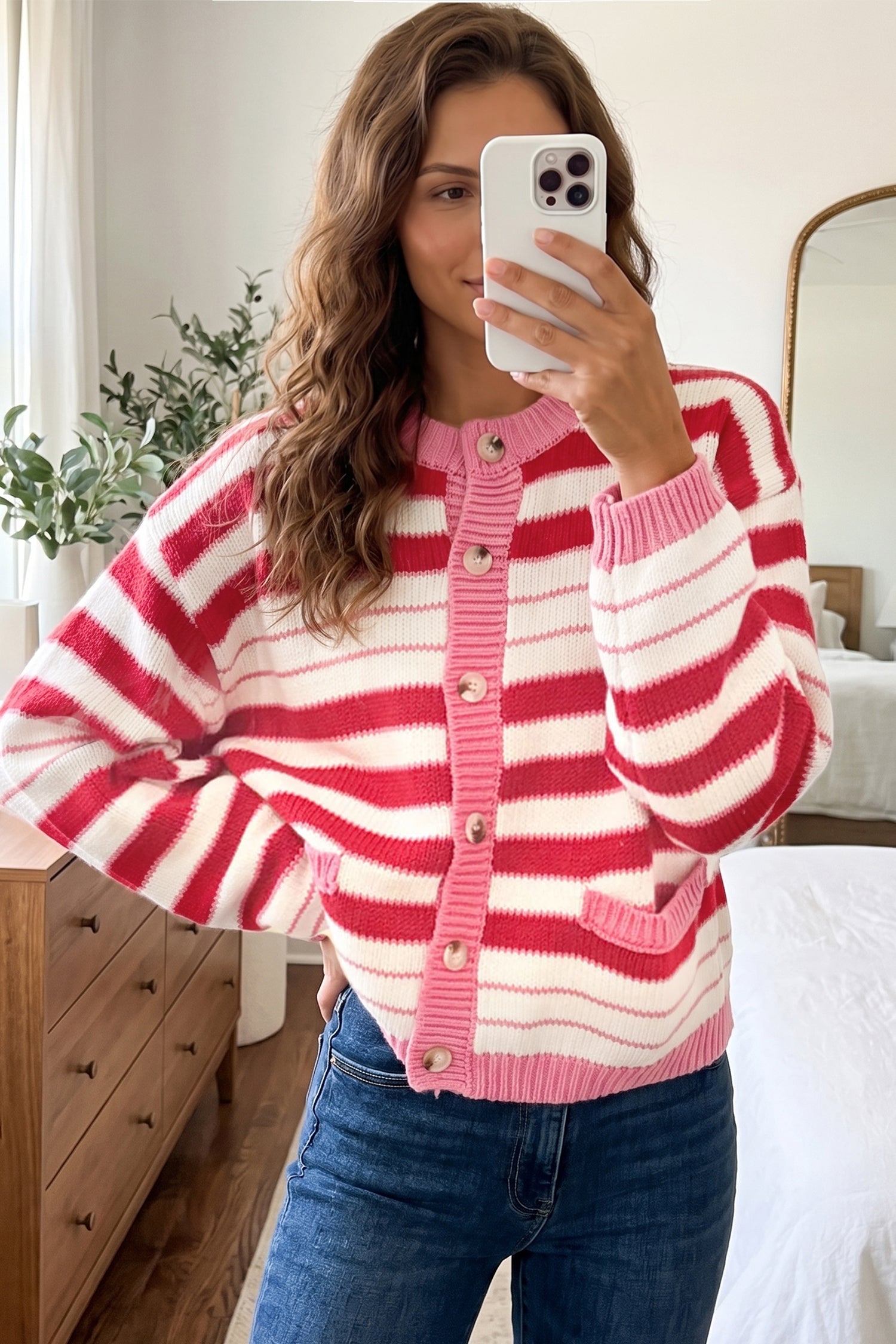 Long-Sleeved Stripe V-Neck Timeless Fit Cardigan in Red