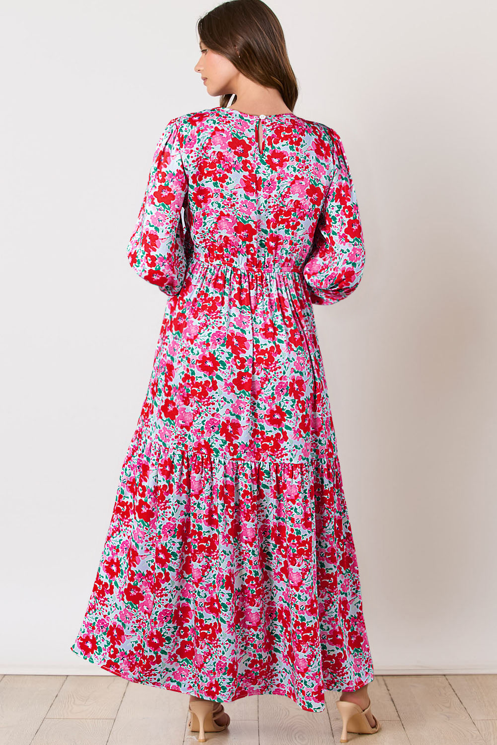 Floral Print Smocked Lantern Sleeve Tiered Maxi Dress