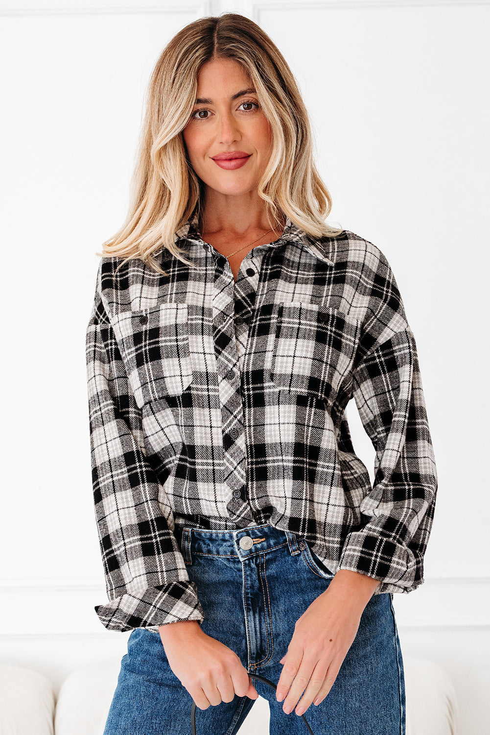 Chest Plaid Print Pockets Button-Front Shirt
